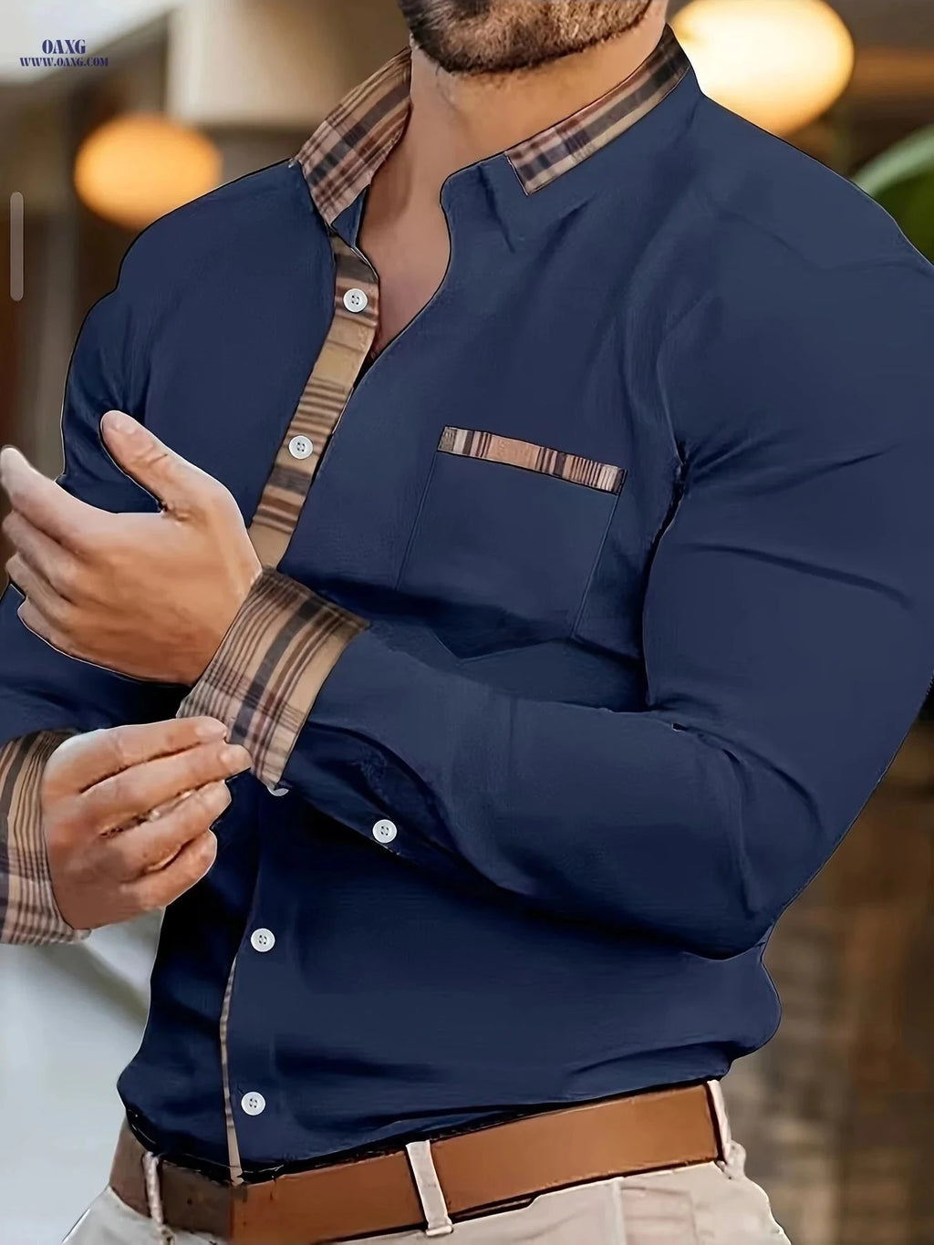 Men's Long Sleeve Plaid Shirt - Casual Button-Up for Spring/Fall   OAXG 