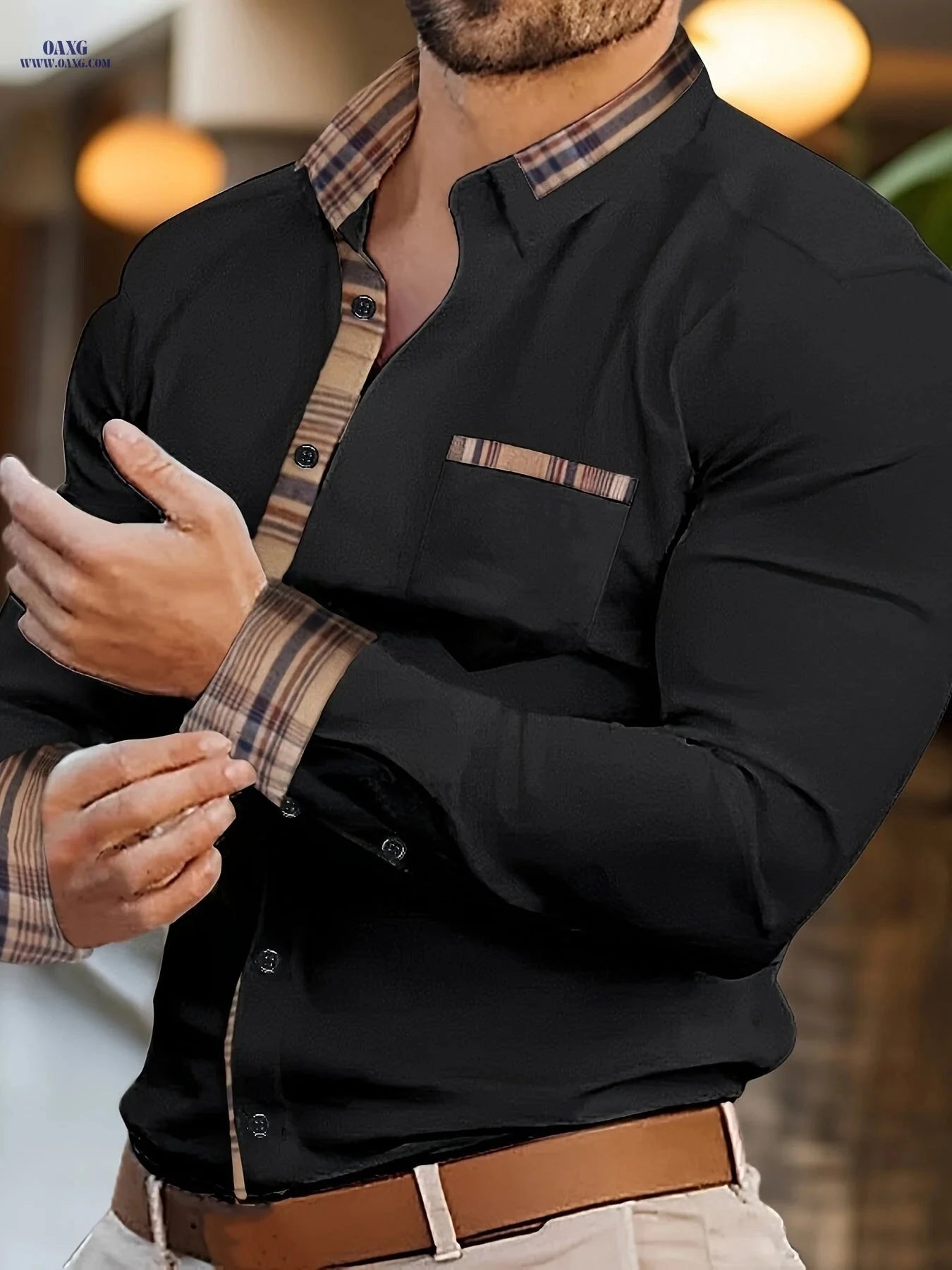 Men's Long Sleeve Plaid Shirt - Casual Button-Up for Spring/Fall   OAXG 