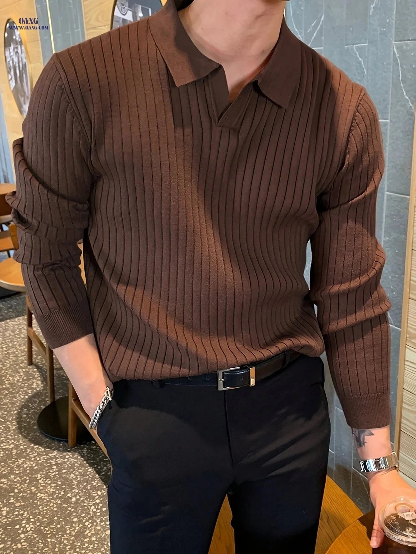 Men's Long Sleeve Polo Sweater – Casual Knitwear for Fall/Winter   OAXG 