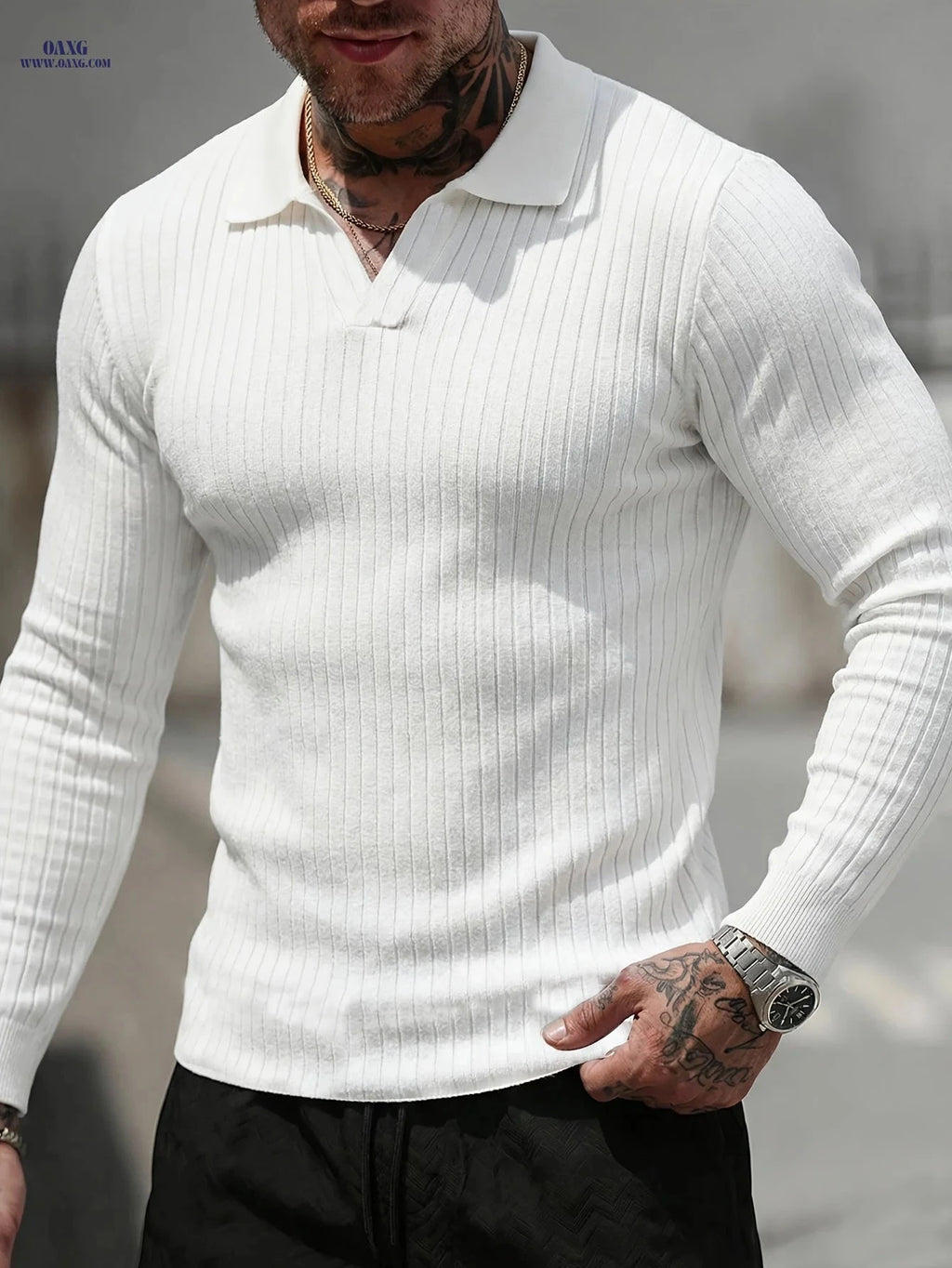 Men's Long Sleeve Polo Sweater – Casual Knitwear for Fall/Winter   OAXG Black / FR S