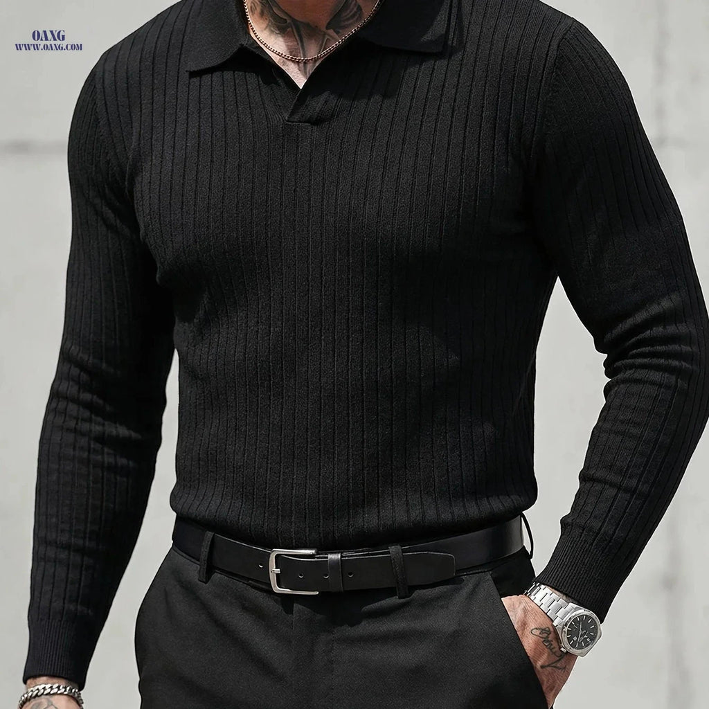 Men's Long Sleeve Polo Sweater – Casual Knitwear for Fall/Winter   OAXG Black / FR S