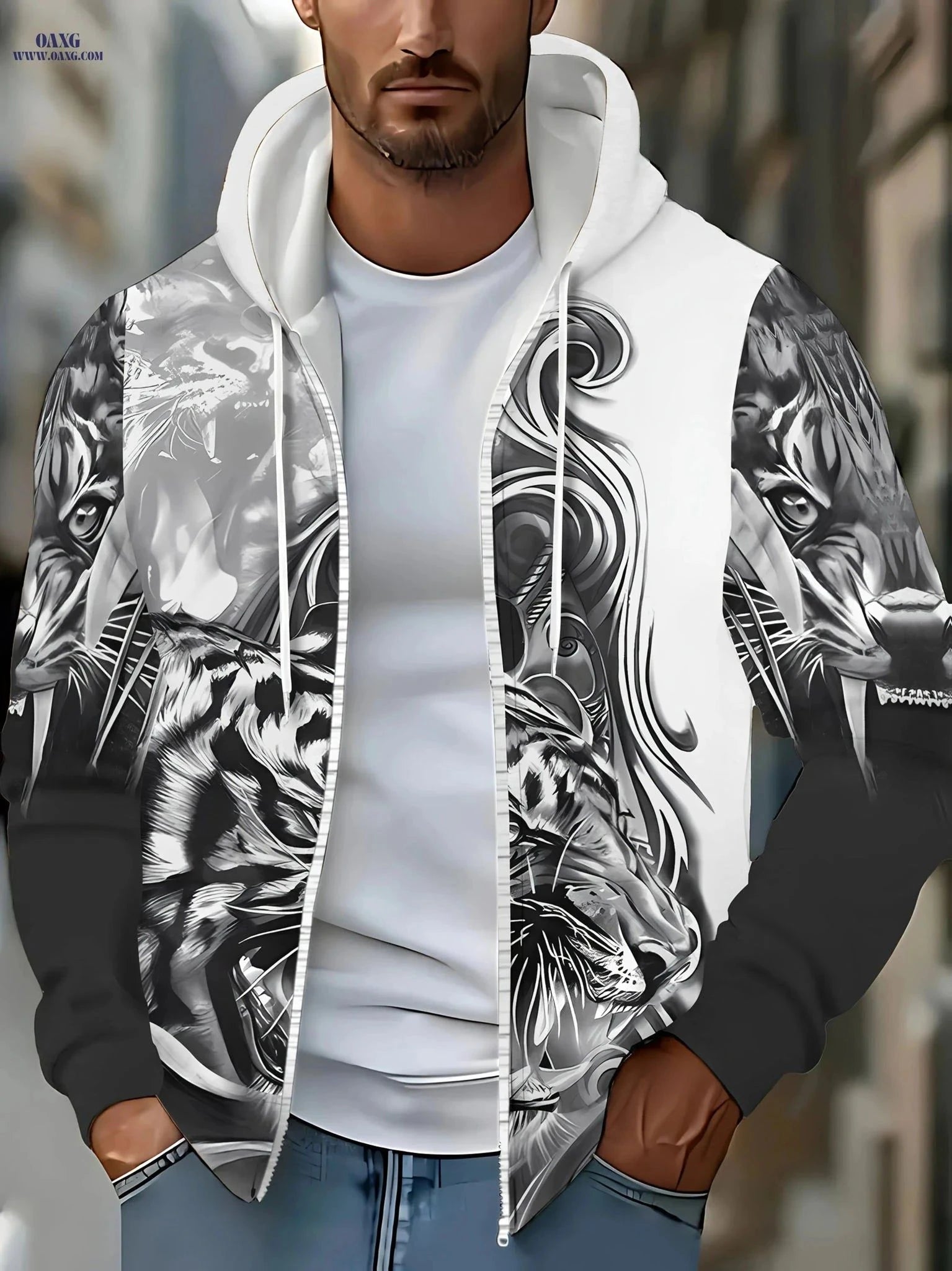 Men's Long-Sleeve Tiger Hoodie - Casual Jacket for Autumn/Winter   OAXG Grey / FR M