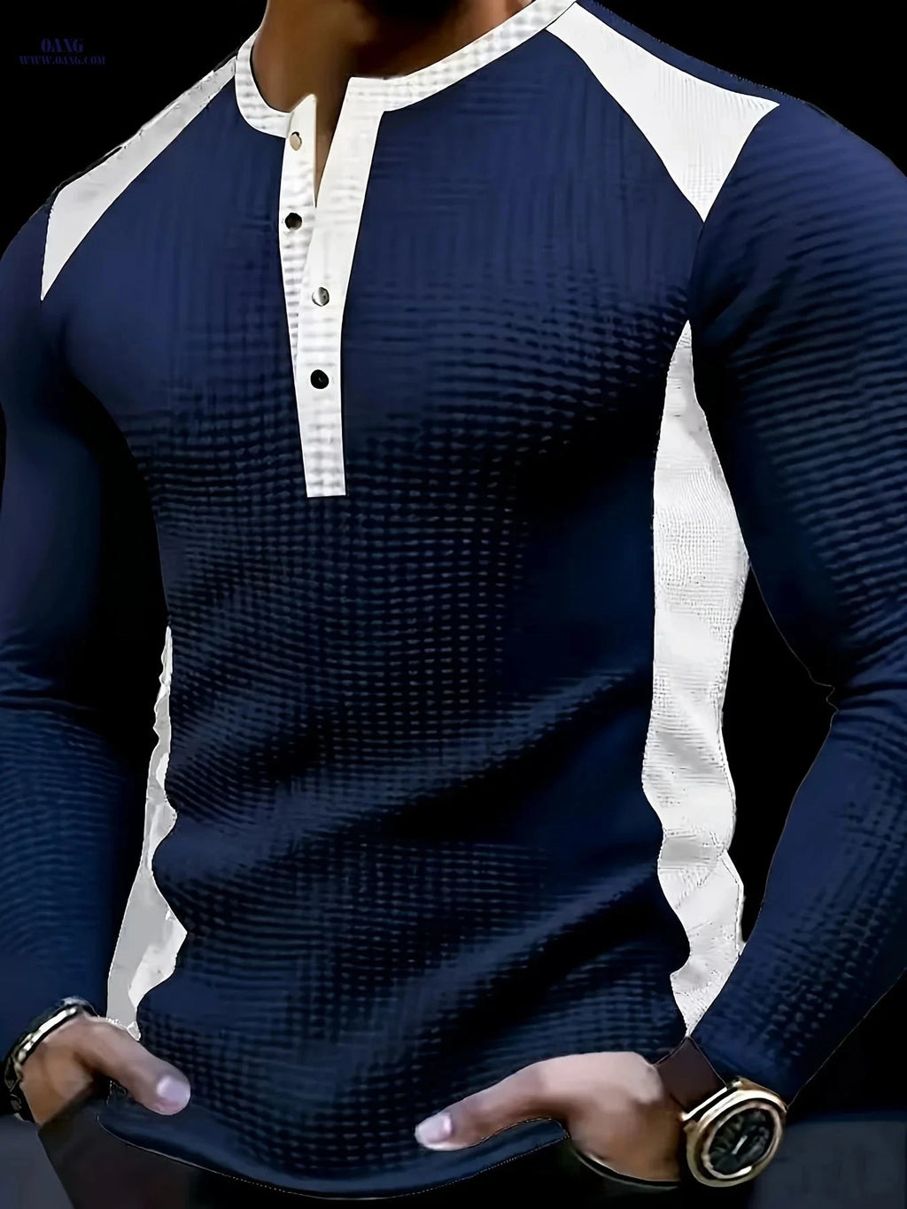 Men's Long-Sleeve Waffle Polo Sweater - Stylish Color-Block Design   OAXG 