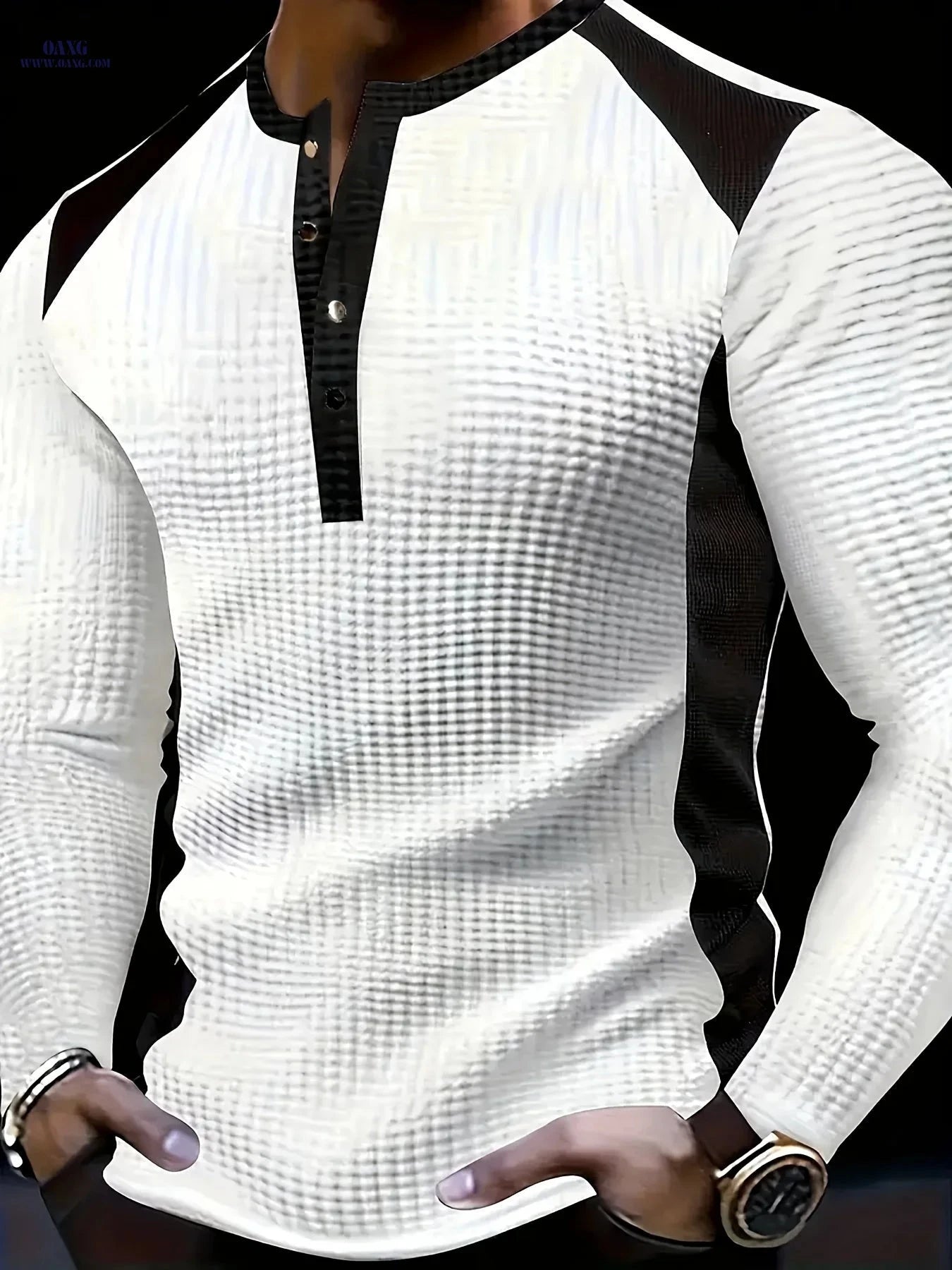 Men's Long-Sleeve Waffle Polo Sweater - Stylish Color-Blocking Design   OAXG 