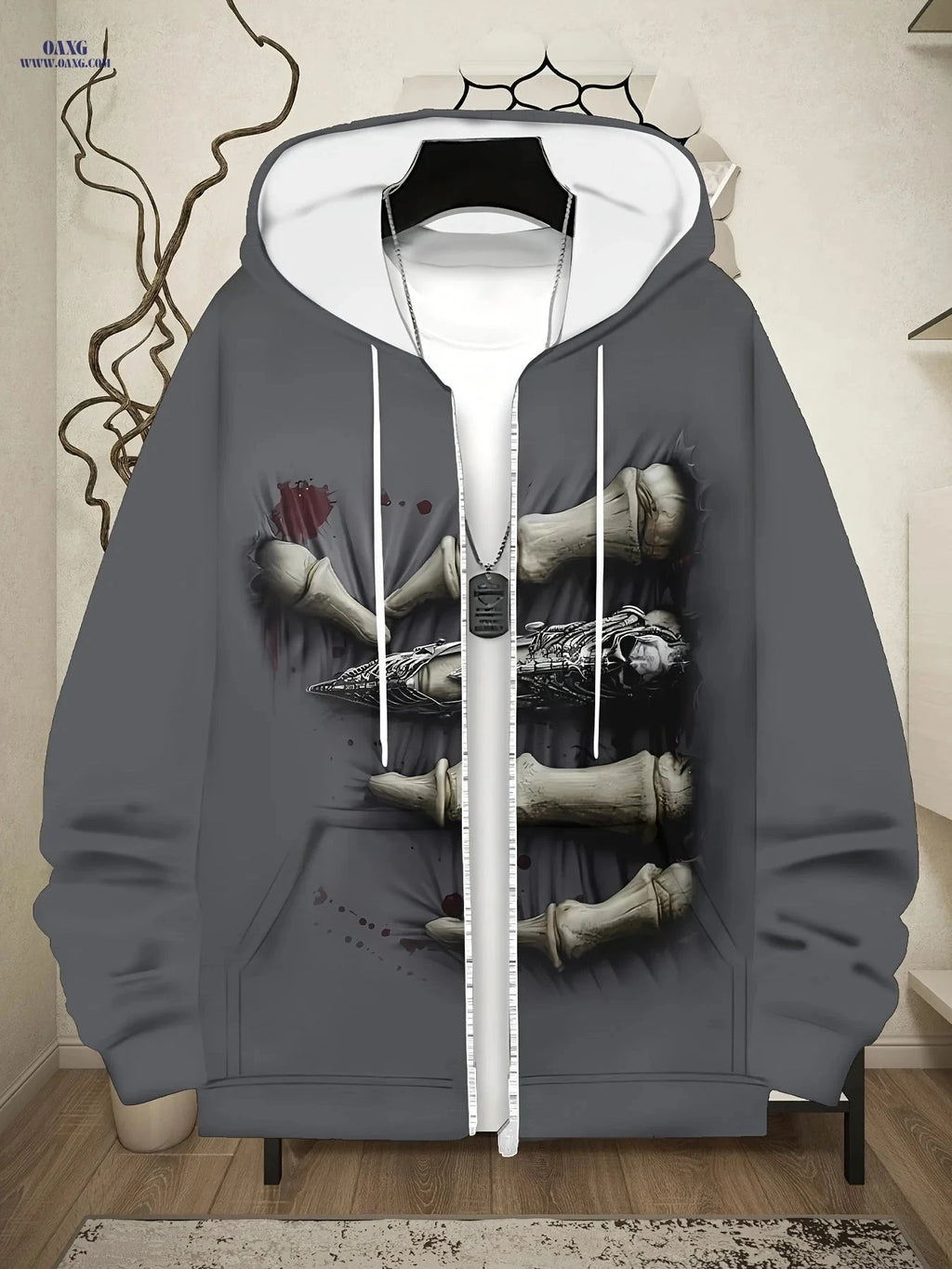 Men’s Long Sleeve Zip Hoodie - Unique Bone Print Casual Jacket   OAXG Dark Gray / FR M