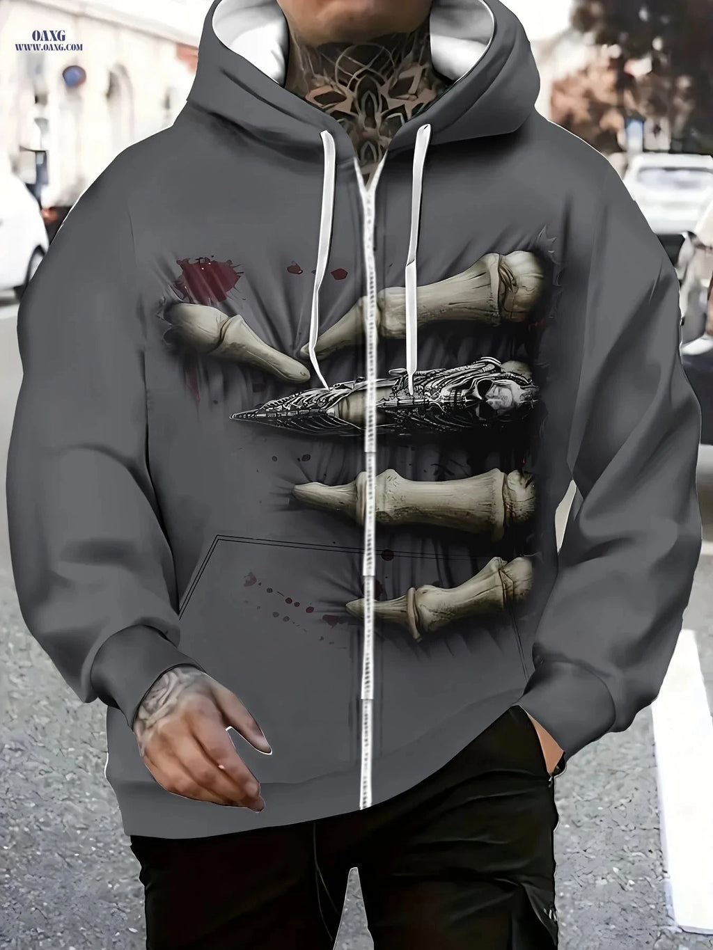 Men’s Long Sleeve Zip Hoodie - Unique Bone Print Casual Jacket   OAXG Dark Gray / FR M