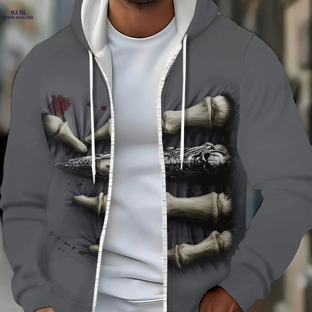 Men’s Long Sleeve Zip Hoodie - Unique Bone Print Casual Jacket   OAXG Dark Gray / FR M