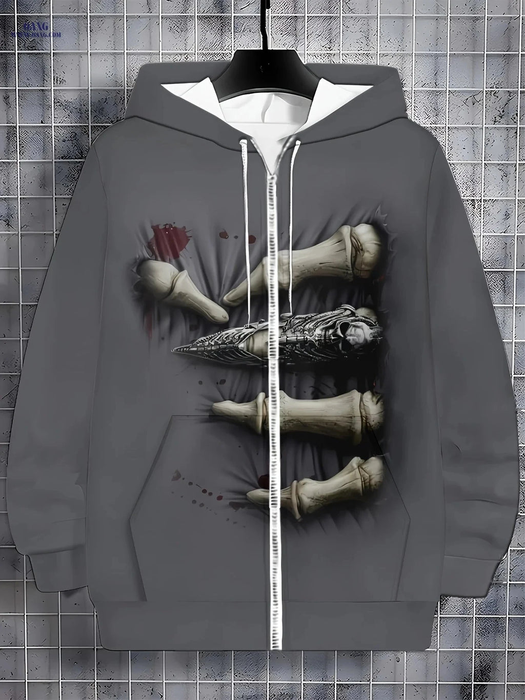 Men’s Long Sleeve Zip Hoodie - Unique Bone Print Casual Jacket   OAXG Dark Gray / FR M