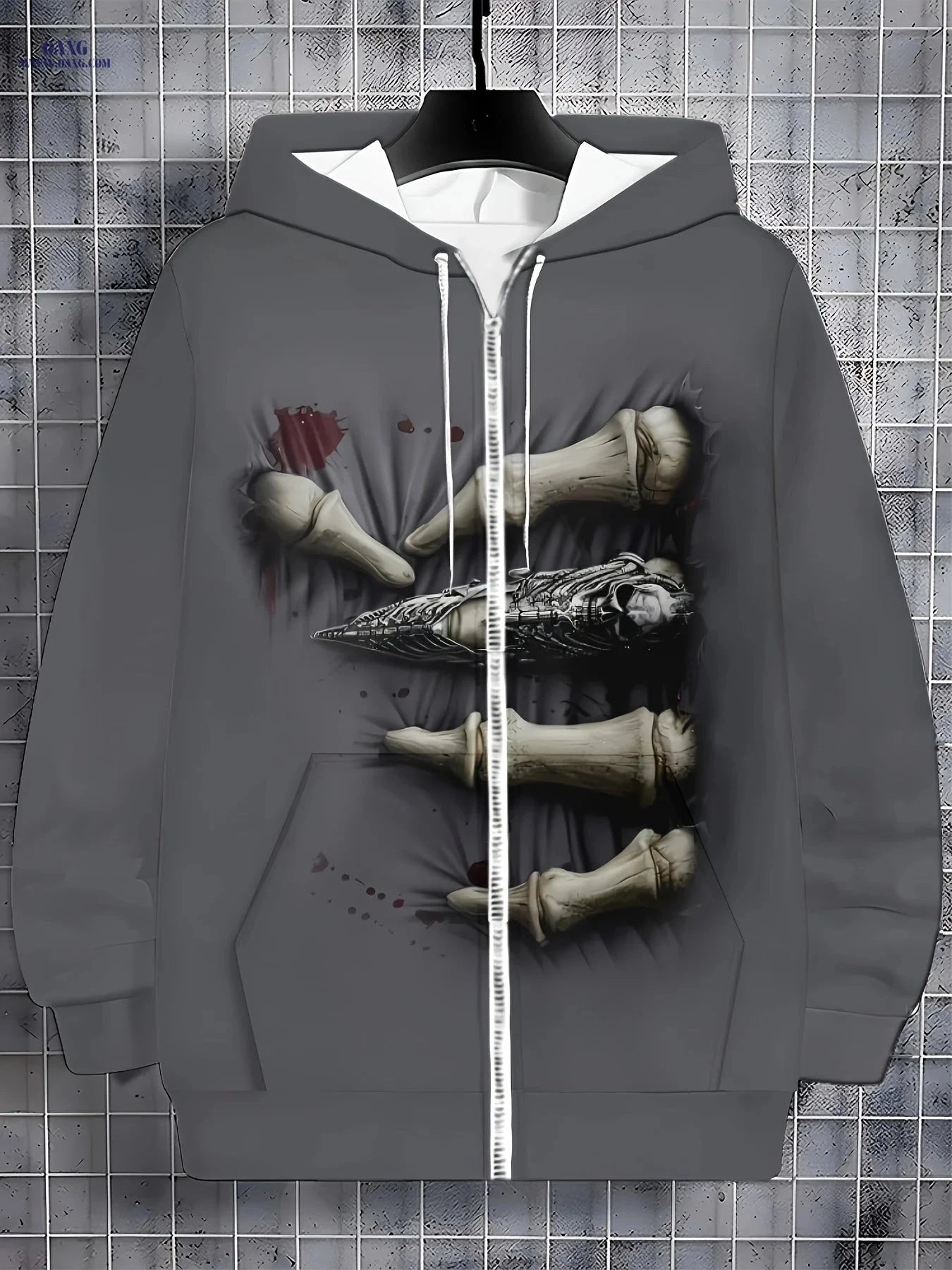 Men’s Long Sleeve Zip Hoodie - Unique Bone Print Casual Jacket   OAXG Dark Gray / FR M
