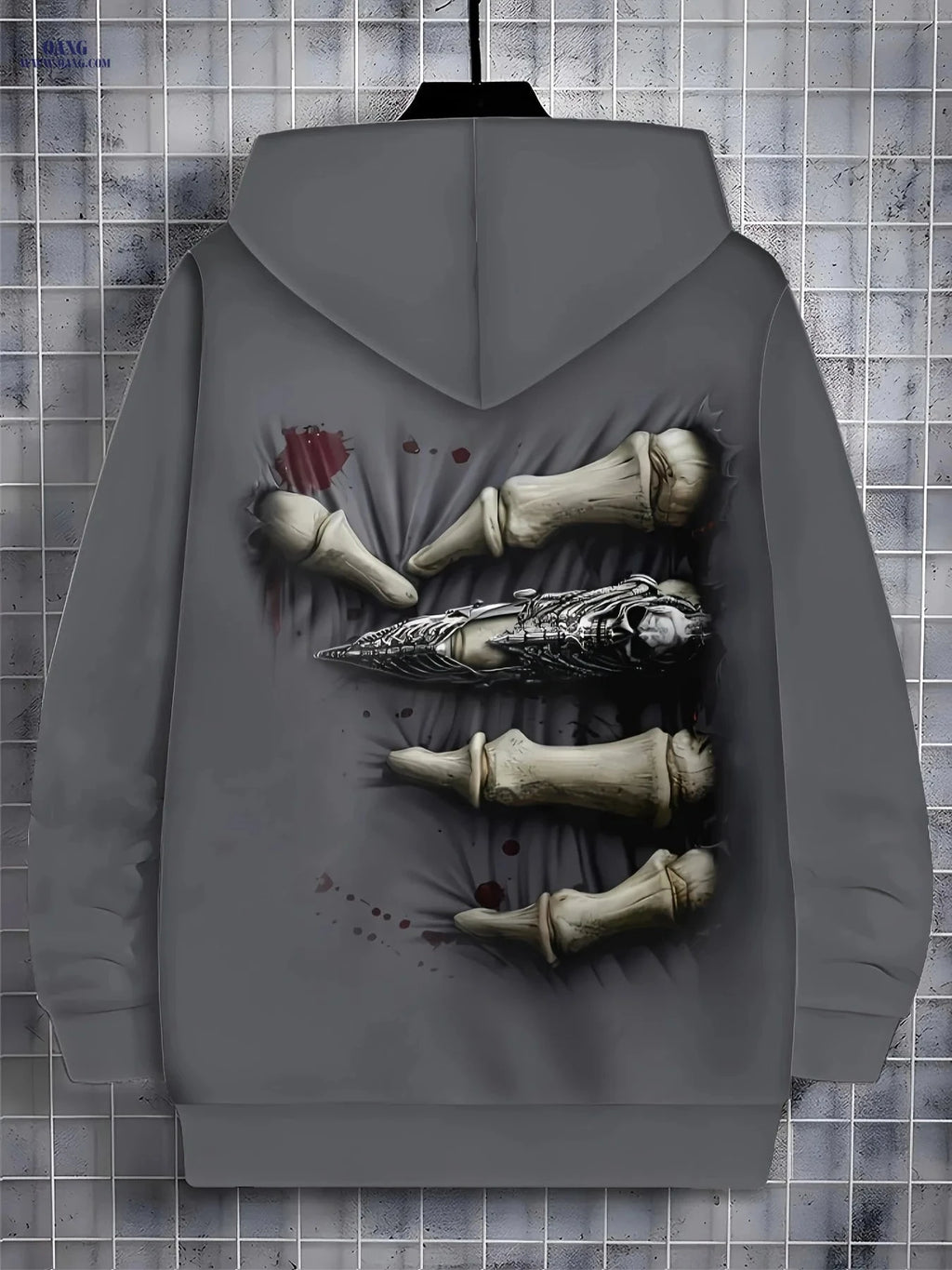 Men’s Long Sleeve Zip Hoodie - Unique Bone Print Casual Jacket   OAXG Dark Gray / FR M