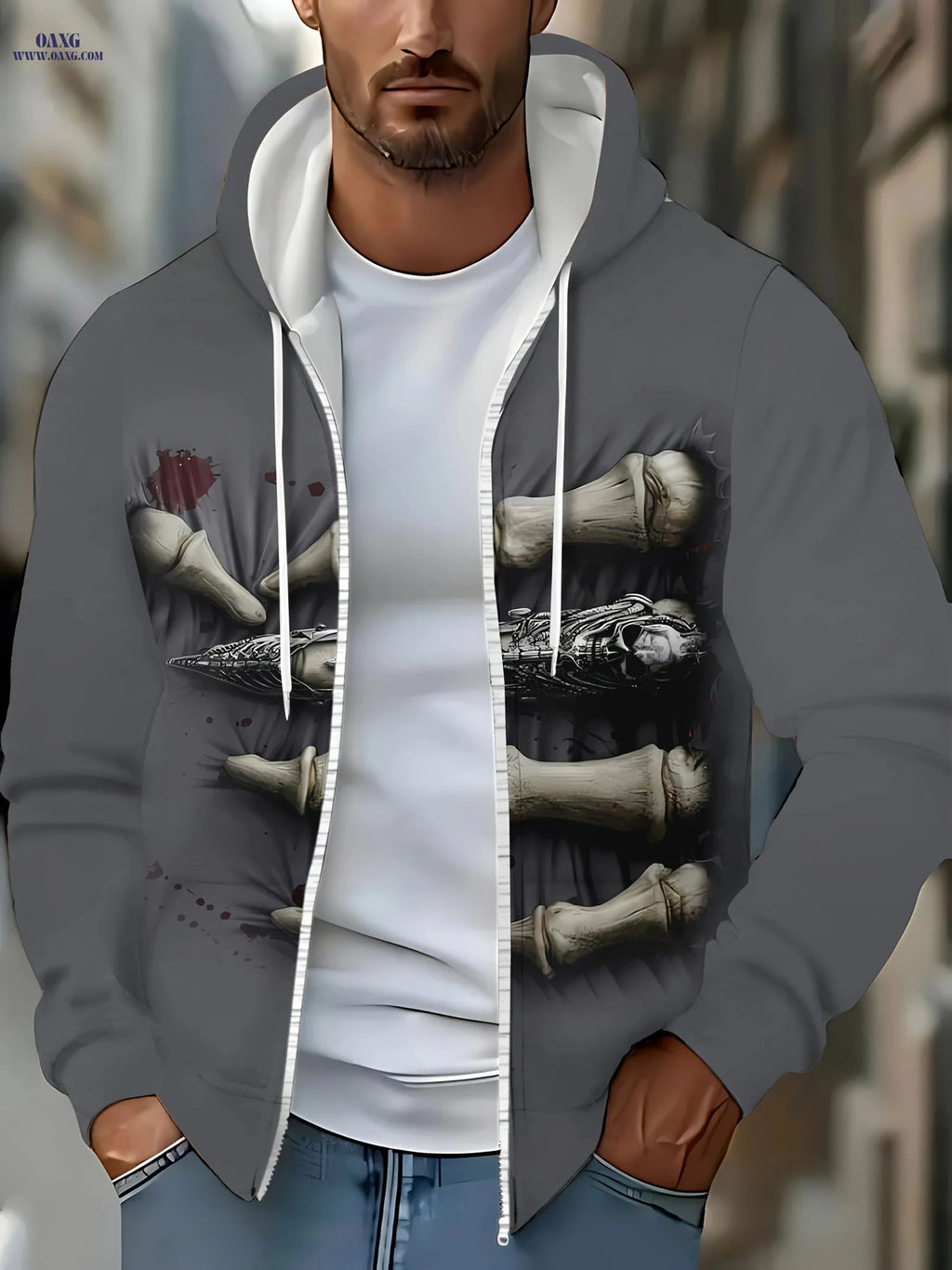 Men’s Long Sleeve Zip Hoodie - Unique Bone Print Casual Jacket   OAXG Dark Gray / FR M