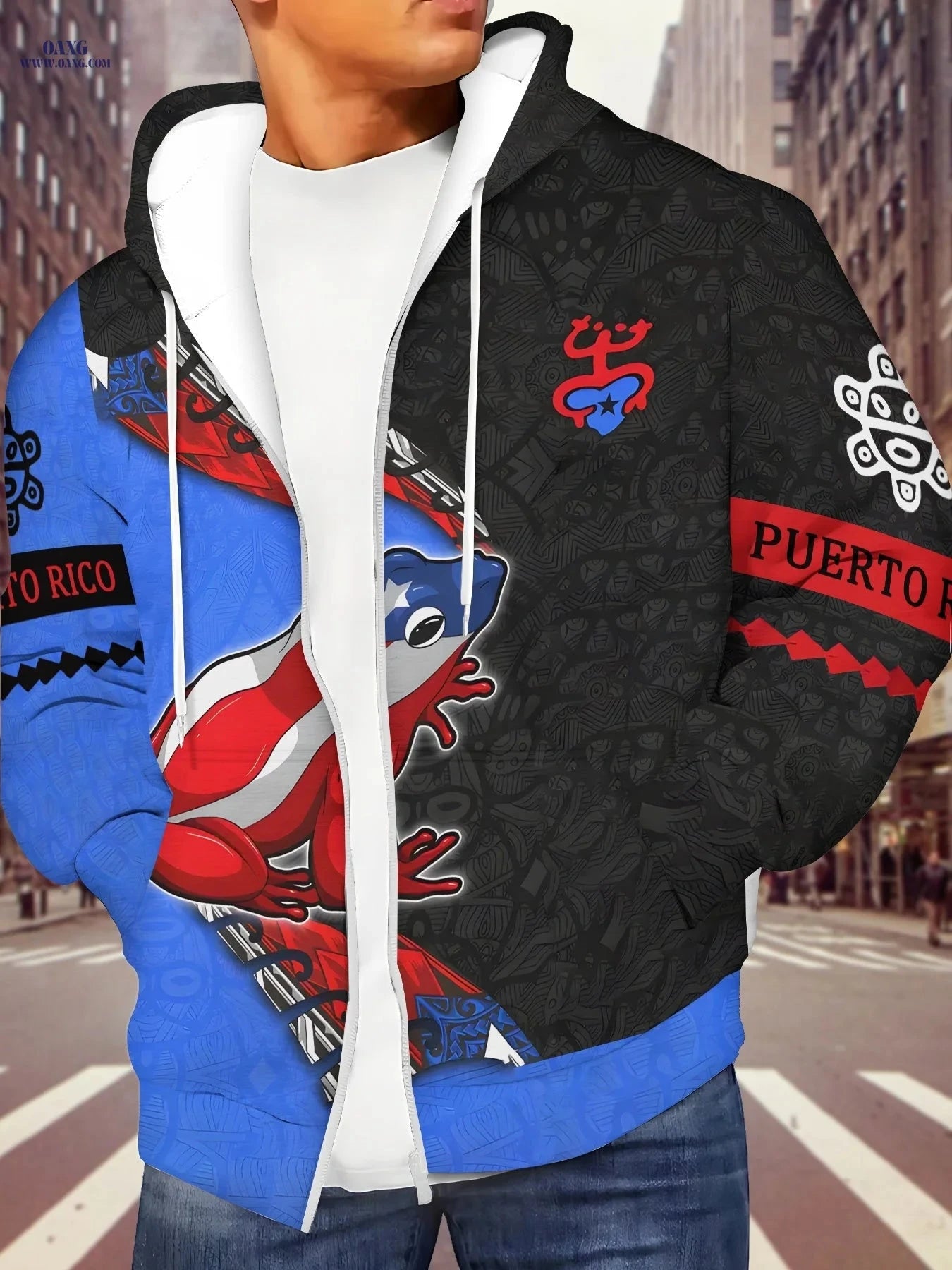 Men's Long Sleeve Zip-Up Hooded Sweatshirt - Large Frog Print Jacket   OAXG 