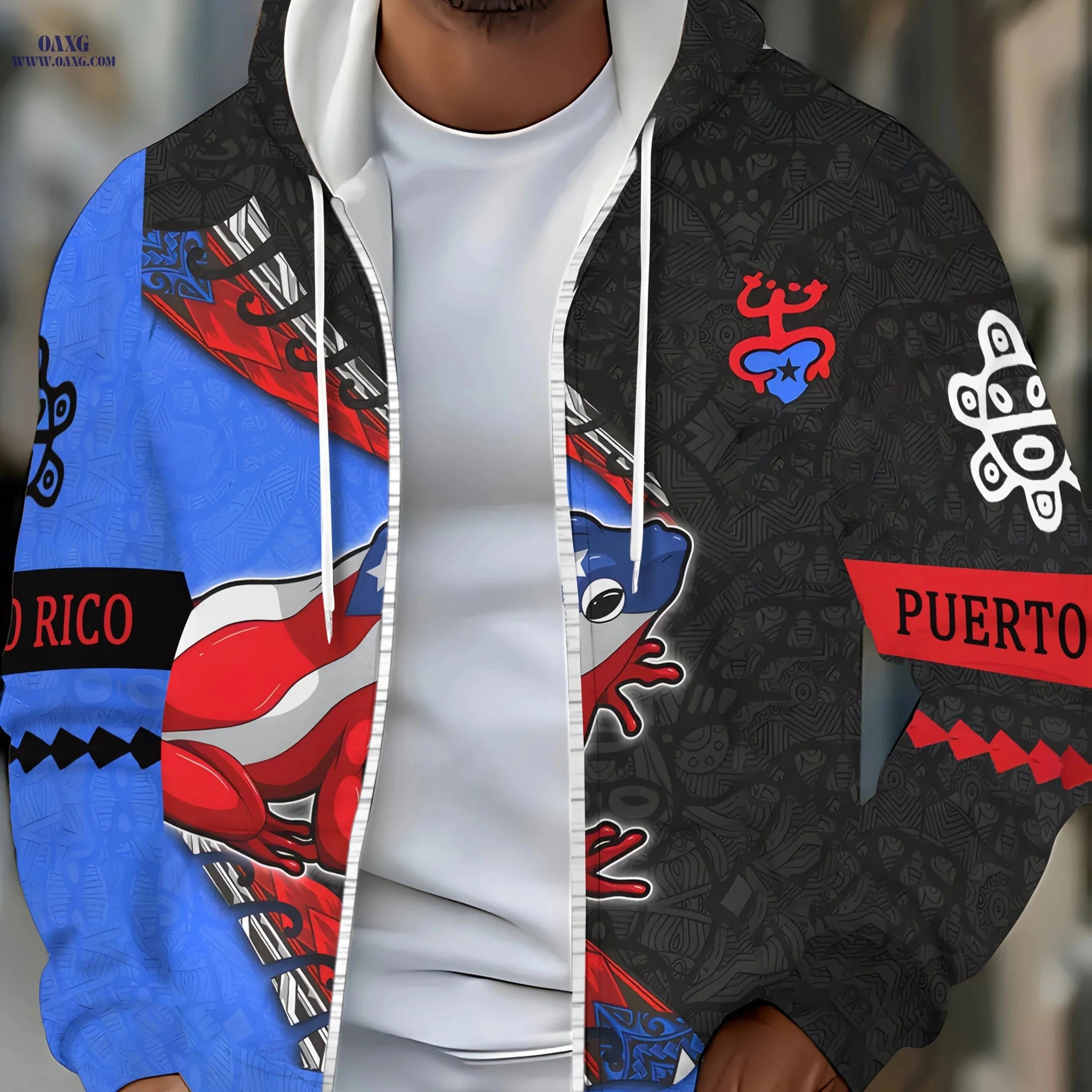 Men's Long Sleeve Zip-Up Hooded Sweatshirt - Large Frog Print Jacket   OAXG 