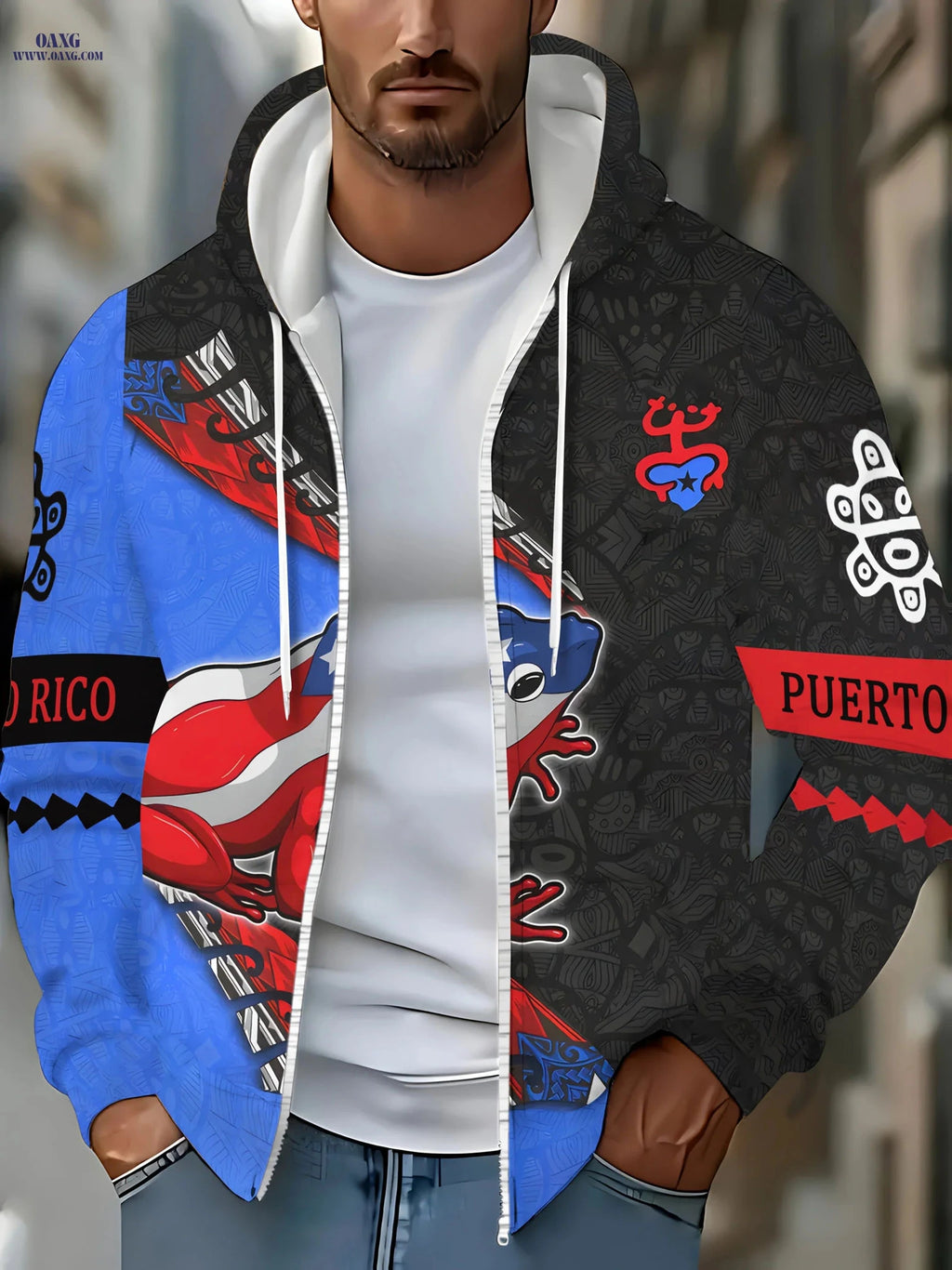 Men's Long Sleeve Zip-Up Hooded Sweatshirt - Large Frog Print Jacket   OAXG Blue / FR M