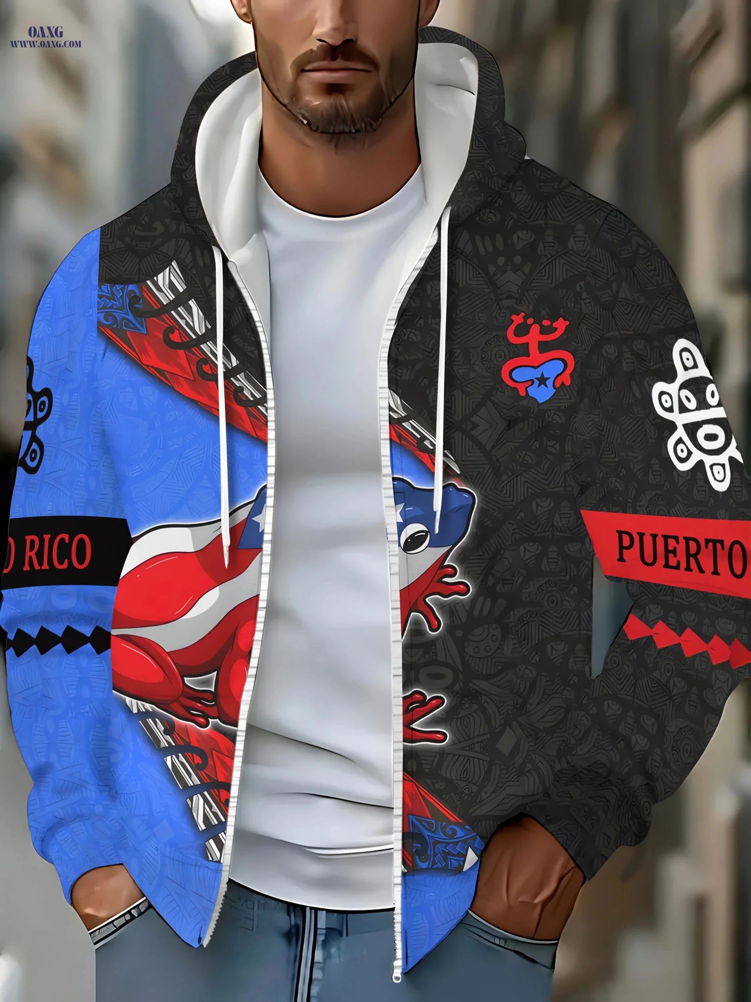 Men's Long Sleeve Zip-Up Hooded Sweatshirt - Large Frog Print Jacket   OAXG Blue / FR M