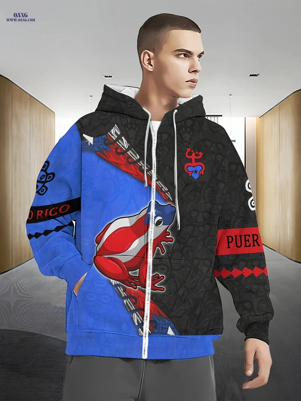 Men's Long Sleeve Zip-Up Hooded Sweatshirt - Large Frog Print Jacket   OAXG Blue / FR M