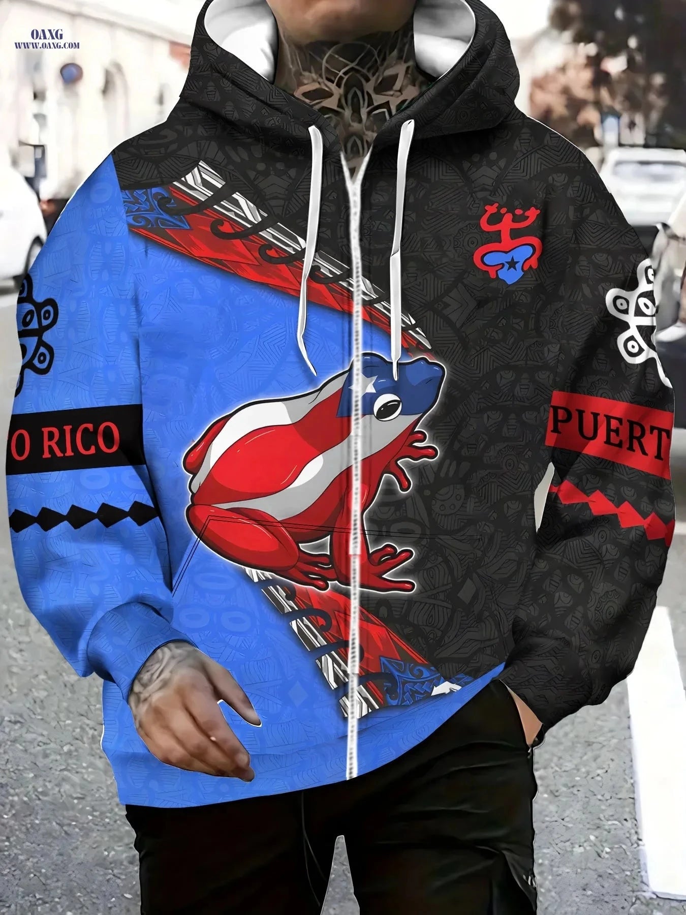 Men's Long Sleeve Zip-Up Hooded Sweatshirt - Large Frog Print Jacket   OAXG Blue / FR M