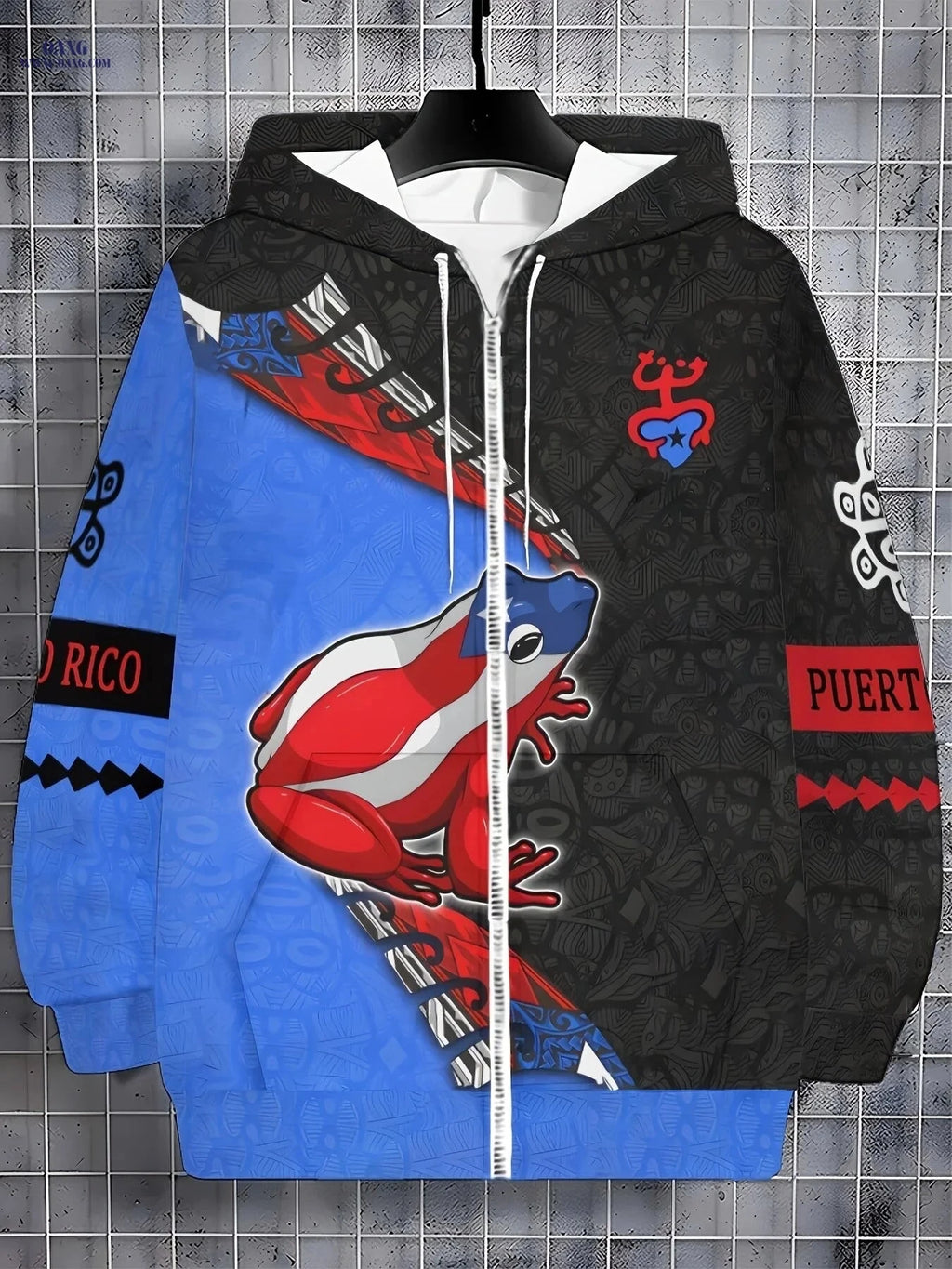 Men's Long Sleeve Zip-Up Hooded Sweatshirt - Large Frog Print Jacket   OAXG 