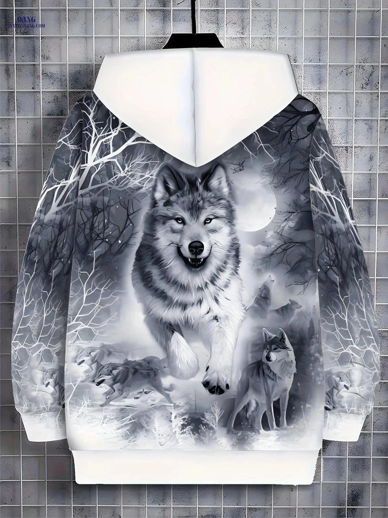 Men's Long Sleeve Zip-Up Hoodie - Autumn Wolf Design with Pockets   OAXG 