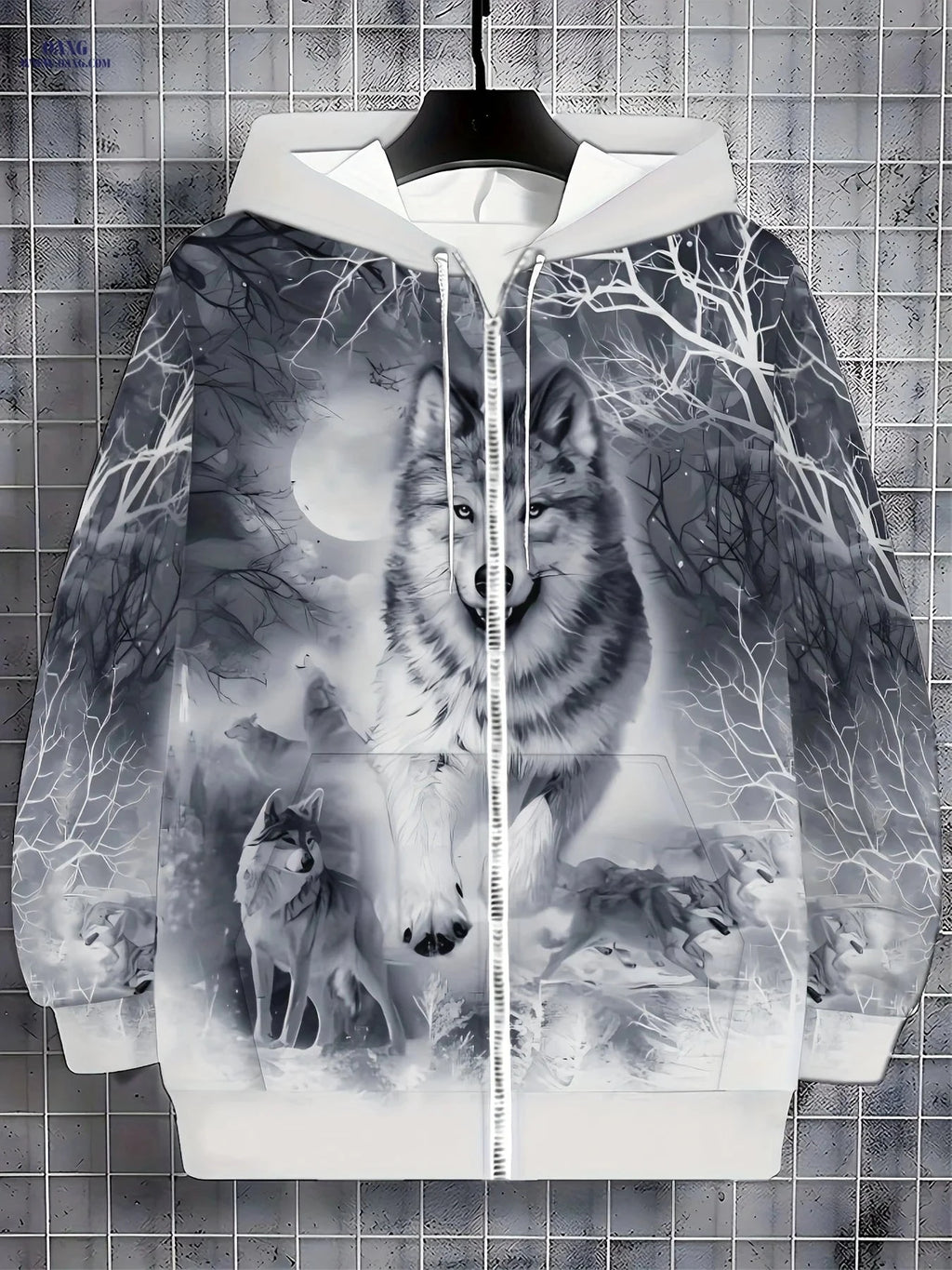 Men's Long Sleeve Zip-Up Hoodie - Autumn Wolf Design with Pockets   OAXG 