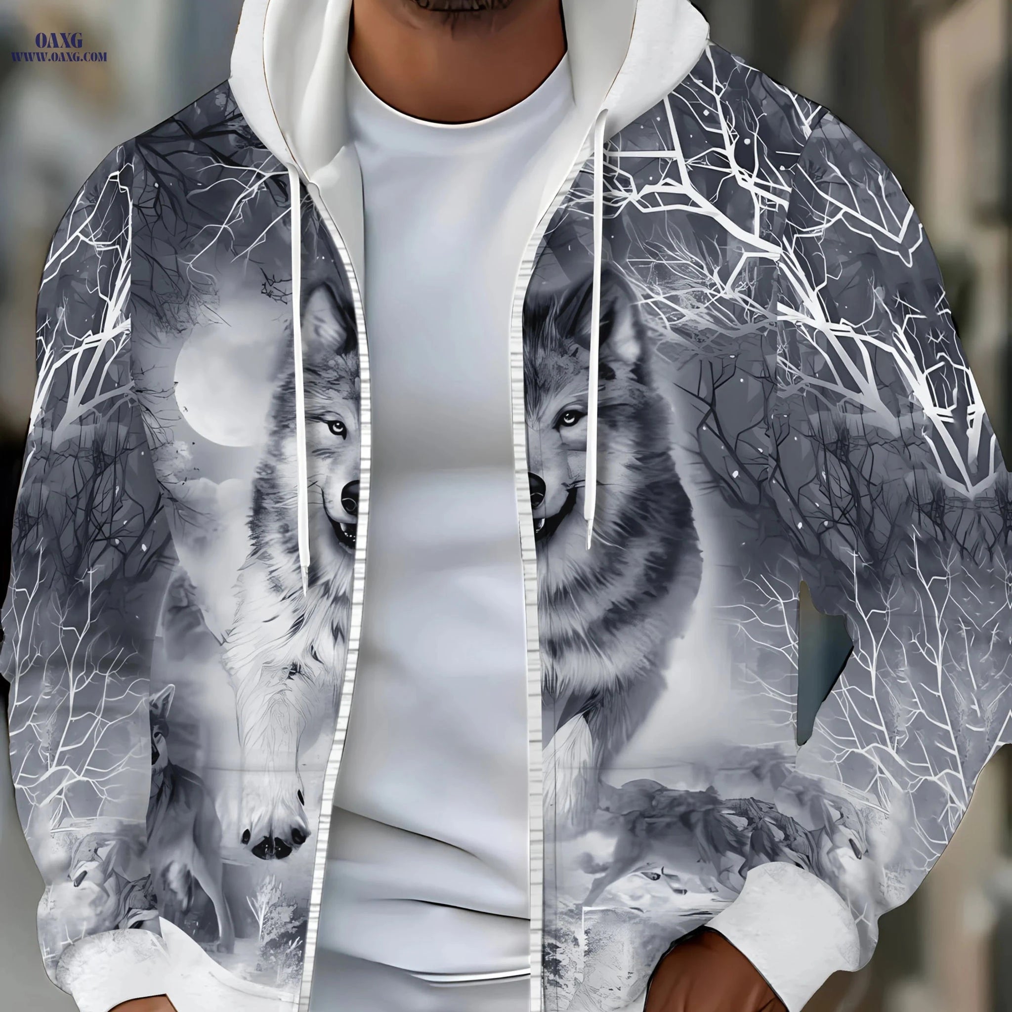 Men's Long Sleeve Zip-Up Hoodie - Autumn Wolf Design with Pockets   OAXG Grey / FR M