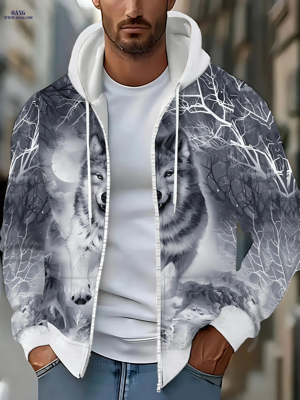 Men's Long Sleeve Zip-Up Hoodie - Autumn Wolf Design with Pockets   OAXG Grey / FR M