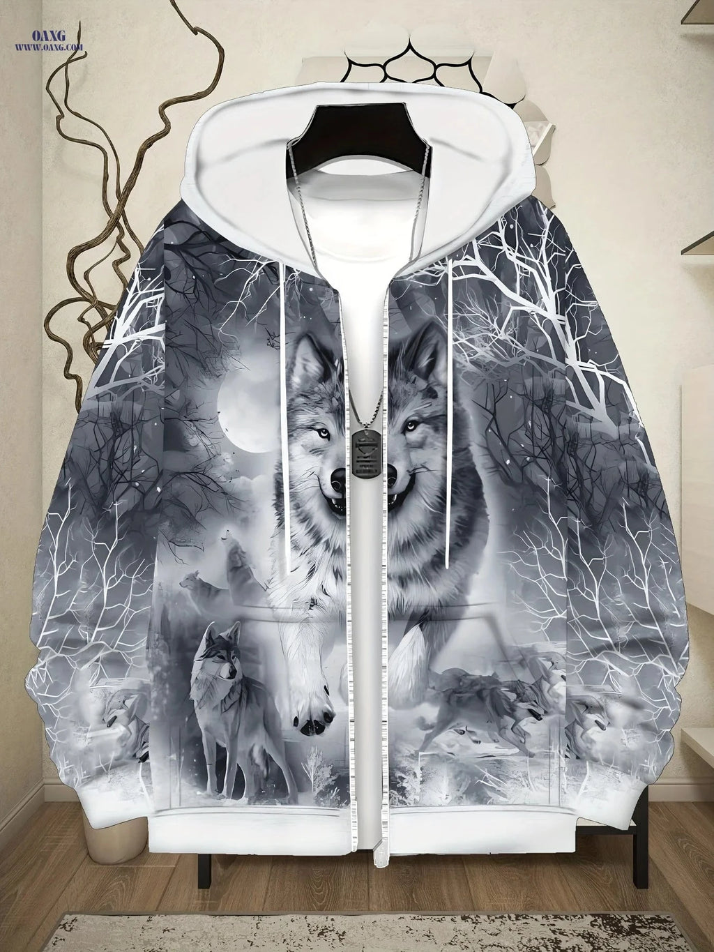 Men's Long Sleeve Zip-Up Hoodie - Autumn Wolf Design with Pockets   OAXG Grey / FR M