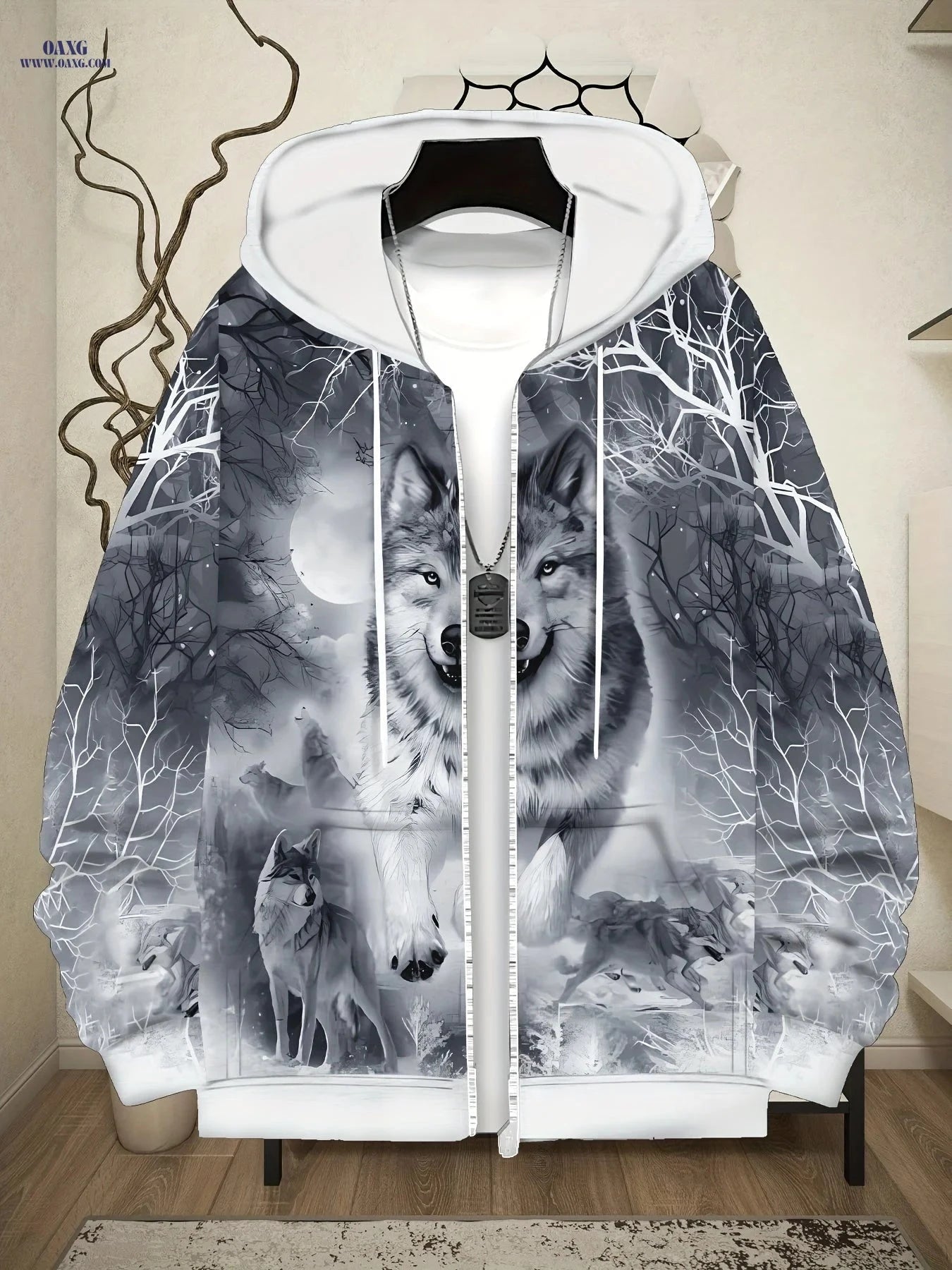 Men's Long Sleeve Zip-Up Hoodie - Autumn Wolf Design with Pockets   OAXG Grey / FR M