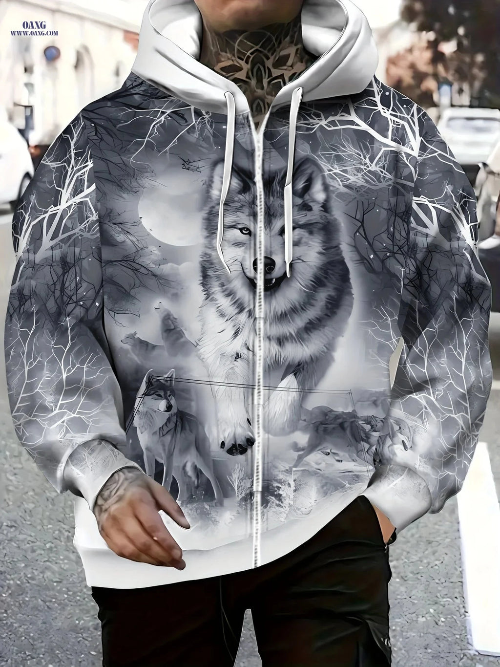 Men's Long Sleeve Zip-Up Hoodie - Autumn Wolf Design with Pockets   OAXG 