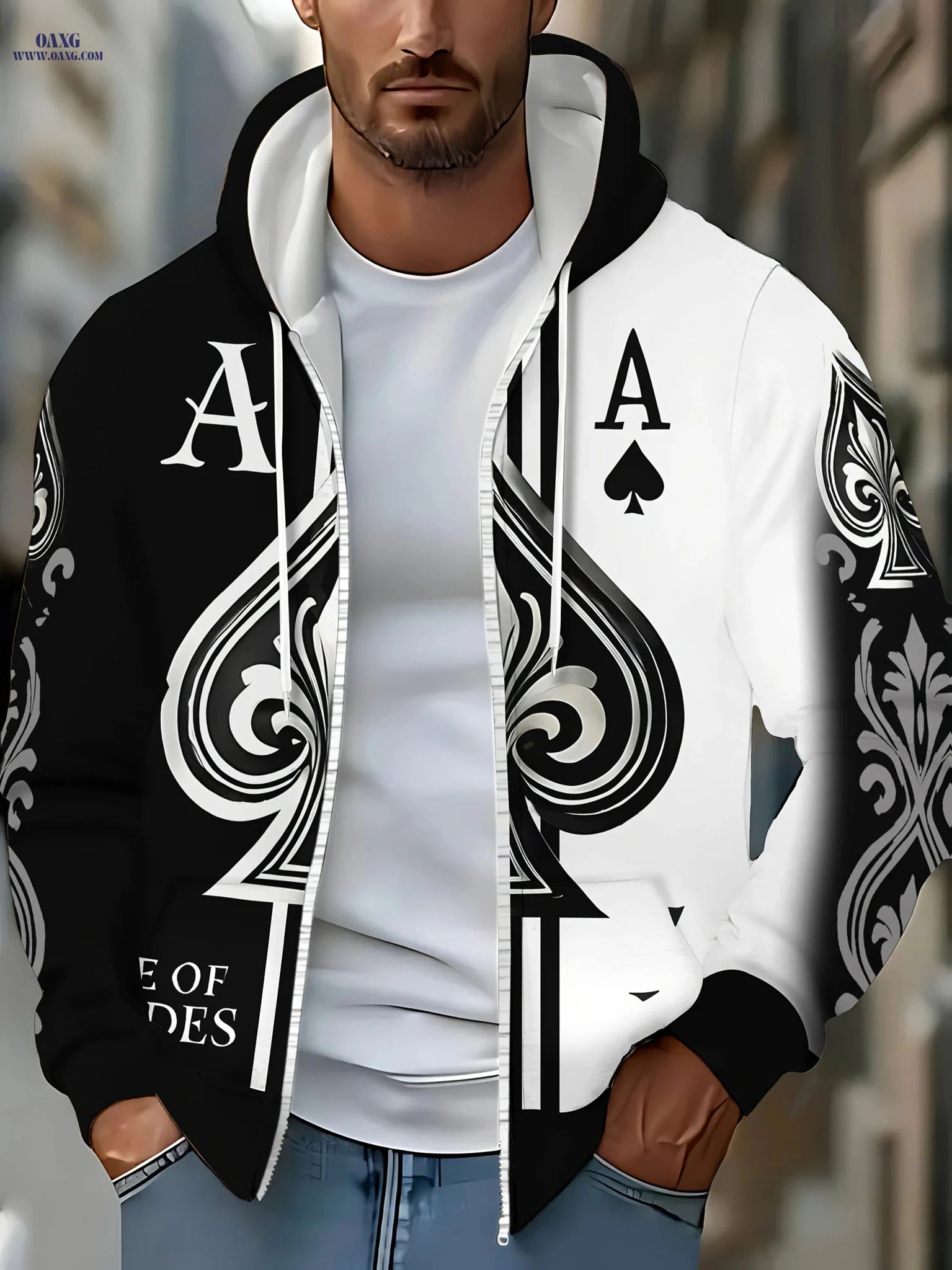Men's Long Sleeve Zip-Up Hoodie - Casual Autumn Jacket with Pockets   OAXG White / FR M