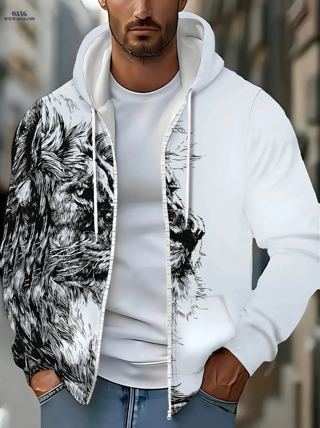 Men's Long-Sleeve Zip-Up Hoodie - Casual Lion Design for Fall   OAXG 