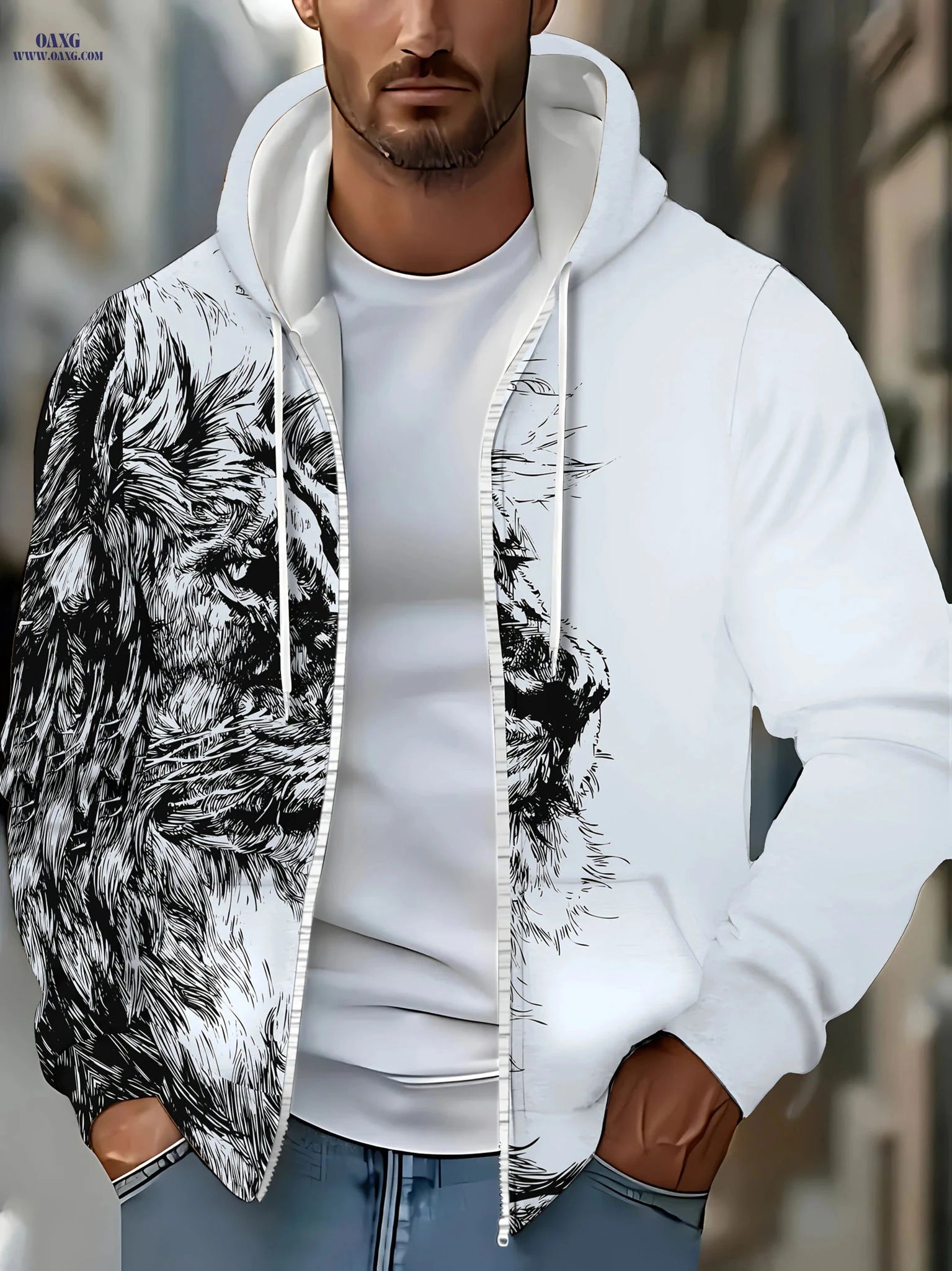 Men's Long-Sleeve Zip-Up Hoodie - Casual Lion Design for Fall   OAXG 