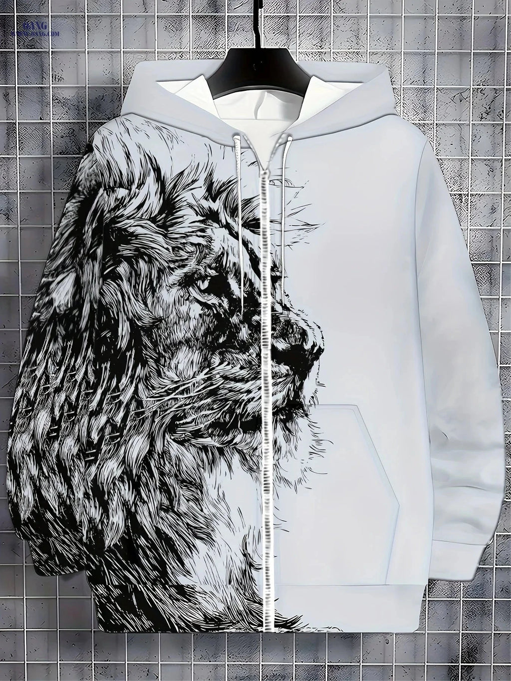 Men's Long-Sleeve Zip-Up Hoodie - Casual Lion Design for Fall   OAXG 