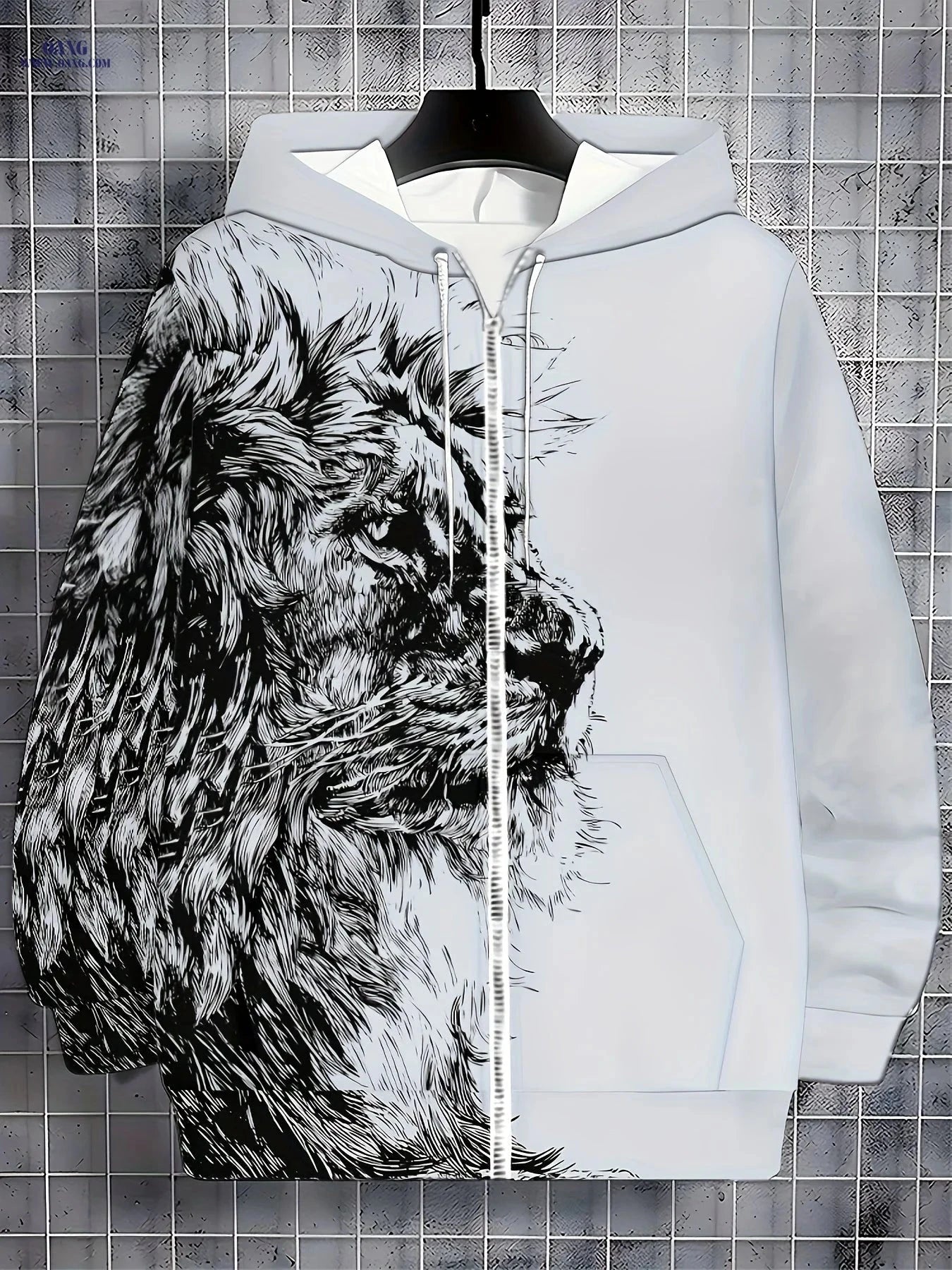 Men's Long-Sleeve Zip-Up Hoodie - Casual Lion Design for Fall   OAXG 
