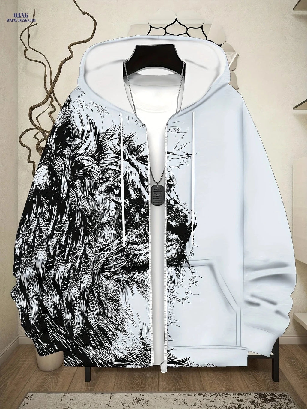 Men's Long-Sleeve Zip-Up Hoodie - Casual Lion Design for Fall   OAXG Ebony / FR M