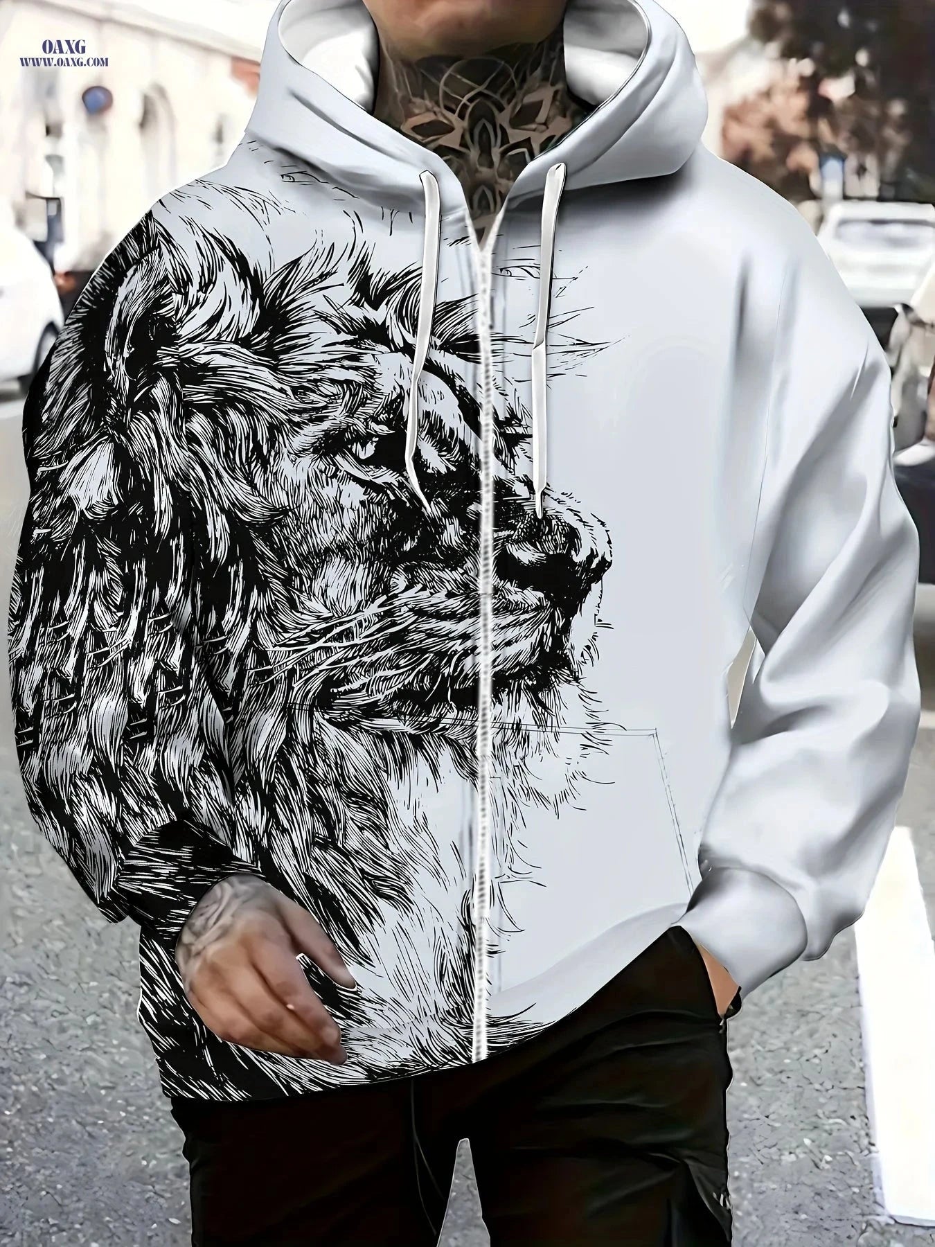 Men's Long-Sleeve Zip-Up Hoodie - Casual Lion Design for Fall   OAXG Ebony / FR M