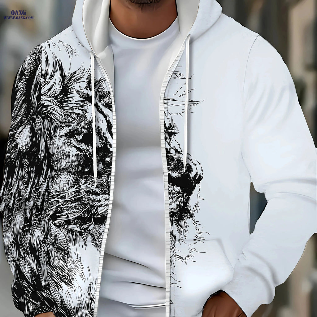 Men's Long-Sleeve Zip-Up Hoodie - Casual Lion Design for Fall   OAXG Ebony / FR M