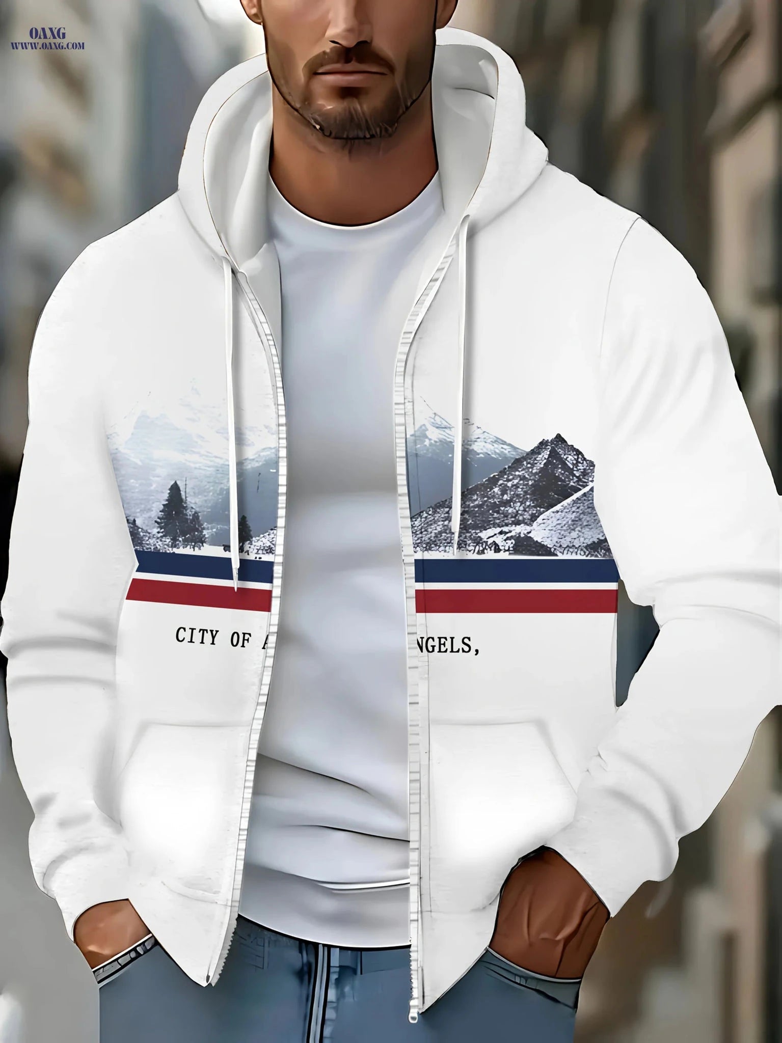 Men’s Long-Sleeve Zip-Up Hoodie - Casual Mountain Pattern Jacket   OAXG 