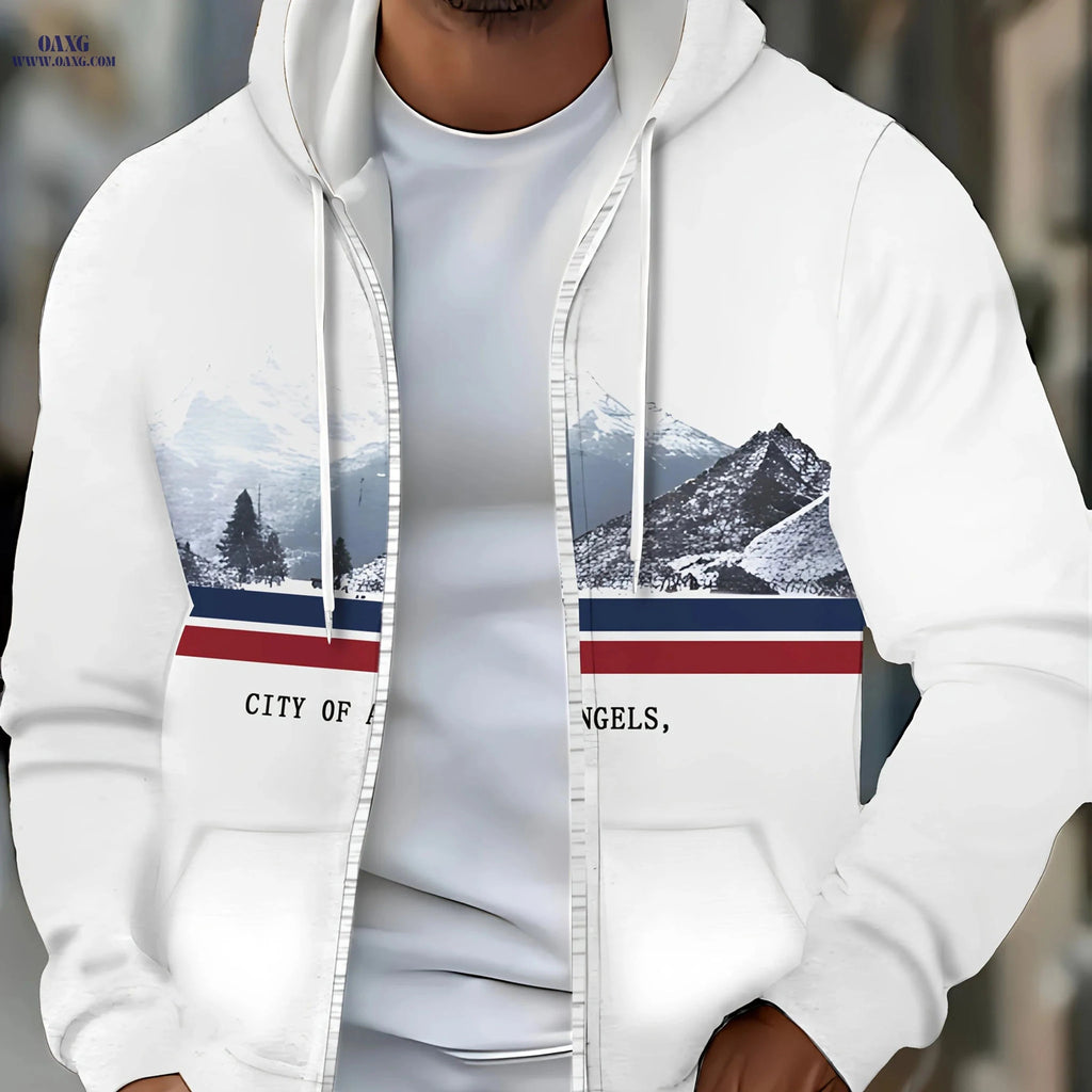 Men’s Long-Sleeve Zip-Up Hoodie - Casual Mountain Pattern Jacket   OAXG White / FR M
