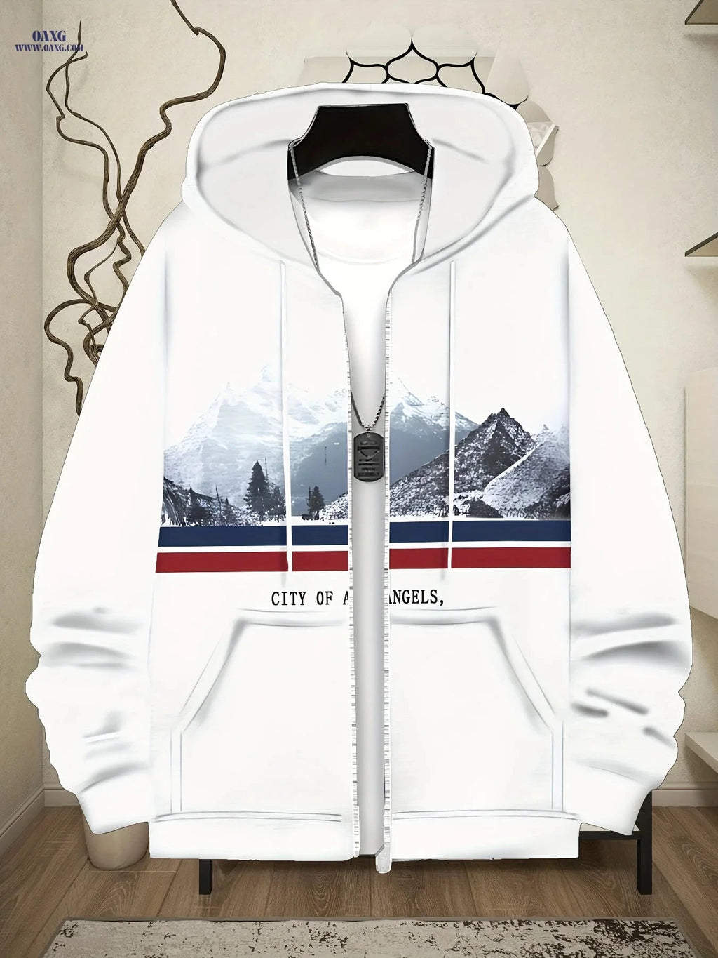 Men’s Long-Sleeve Zip-Up Hoodie - Casual Mountain Pattern Jacket   OAXG White / FR M
