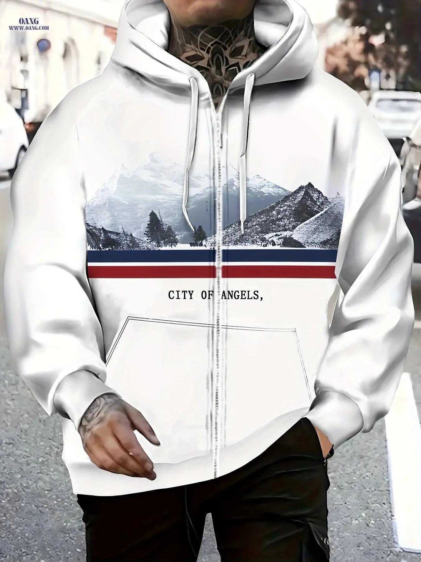 Men’s Long-Sleeve Zip-Up Hoodie - Casual Mountain Pattern Jacket   OAXG White / FR M