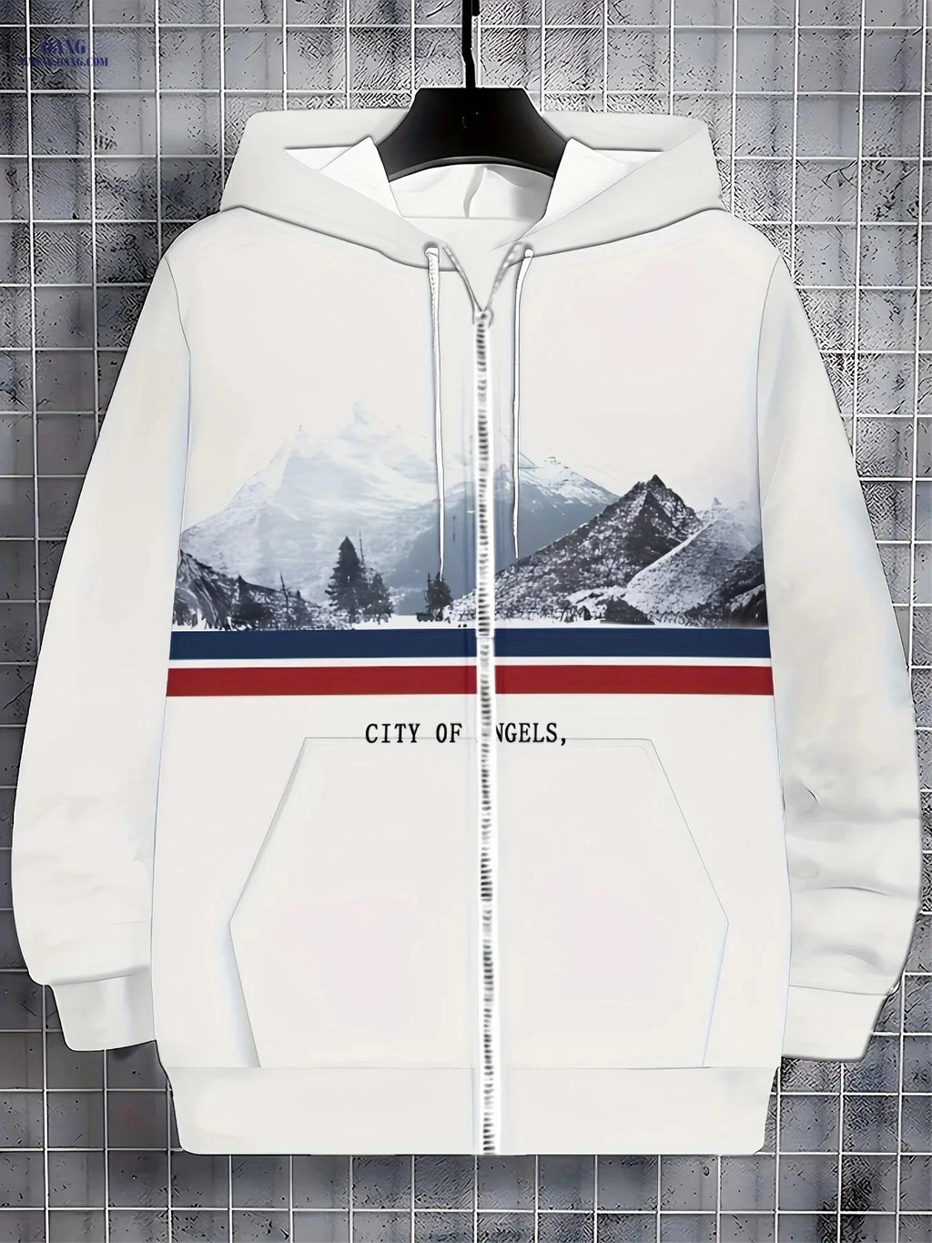 Men’s Long-Sleeve Zip-Up Hoodie - Casual Mountain Pattern Jacket   OAXG White / FR M