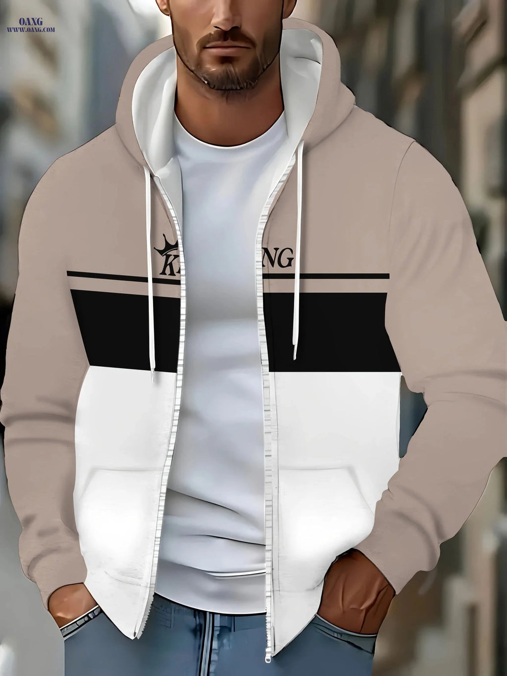 Men's Long-Sleeve Zip-Up Hoodie - Casual Striped Jacket for Fall   OAXG 