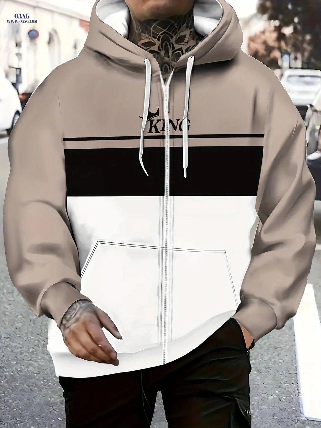 Men's Long-Sleeve Zip-Up Hoodie - Casual Striped Jacket for Fall   OAXG Khaki / FR M