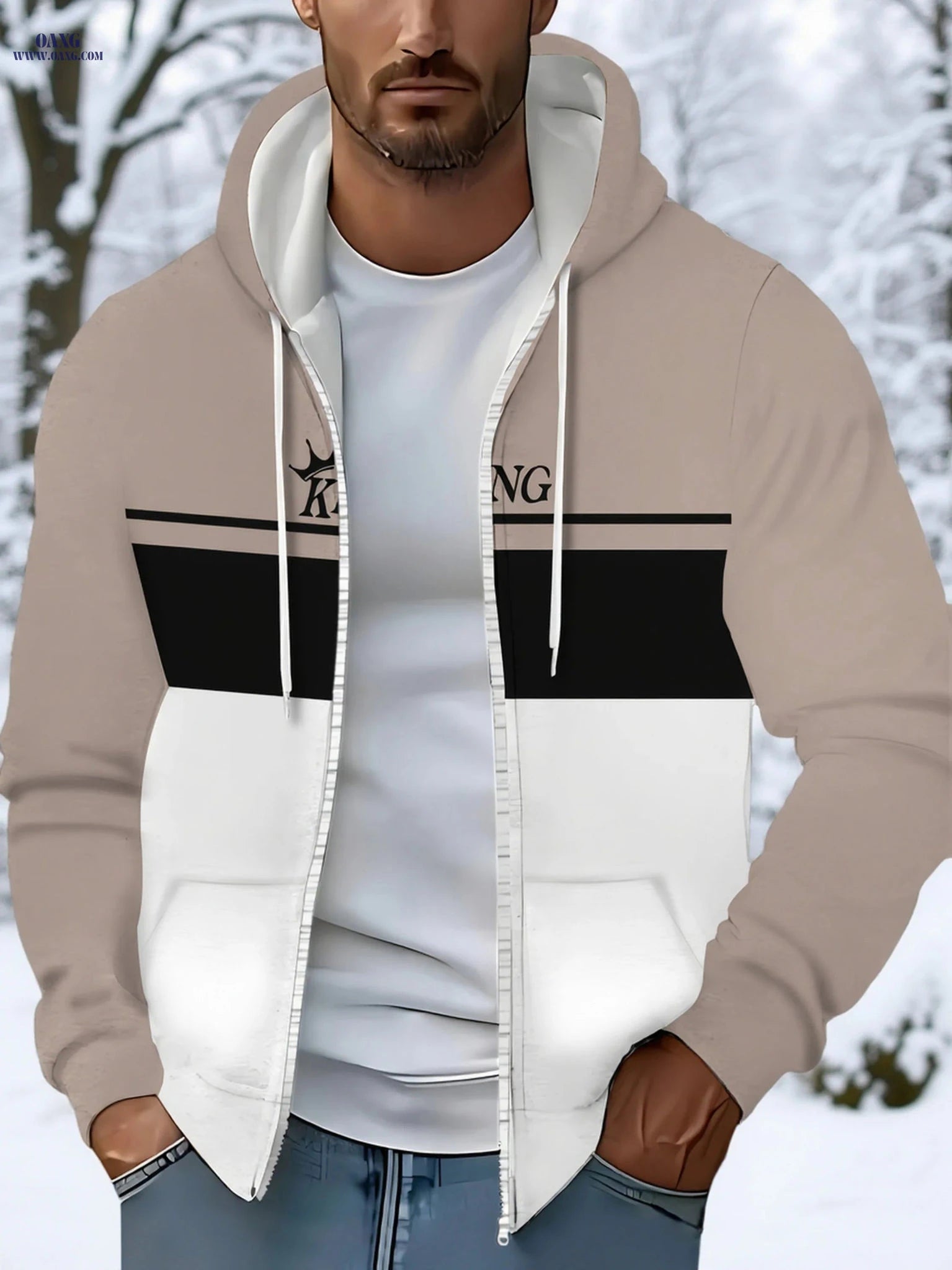 Men's Long-Sleeve Zip-Up Hoodie - Casual Striped Jacket for Fall   OAXG Khaki / FR M