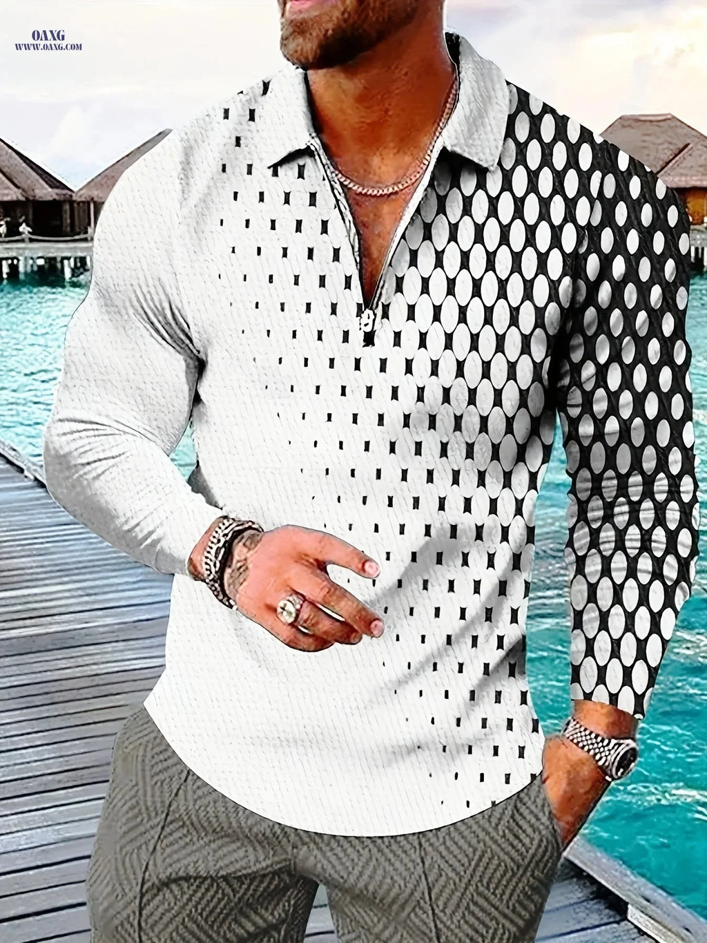 Men's Long Sleeve Zip-Up Shirt - Geometric Print, Easycare Fabric   OAXG 