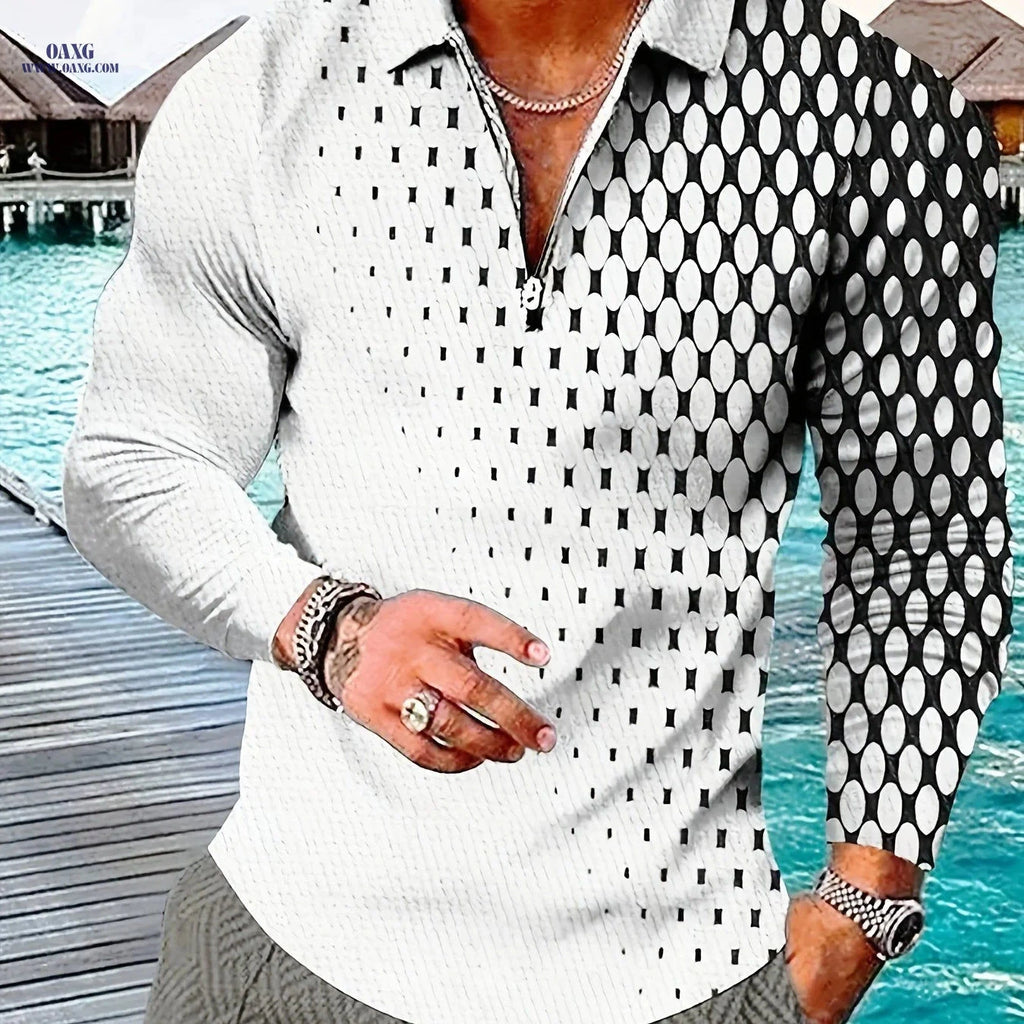 Men's Long Sleeve Zip-Up Shirt - Geometric Print, Easycare Fabric   OAXG Mixed Color / FR M