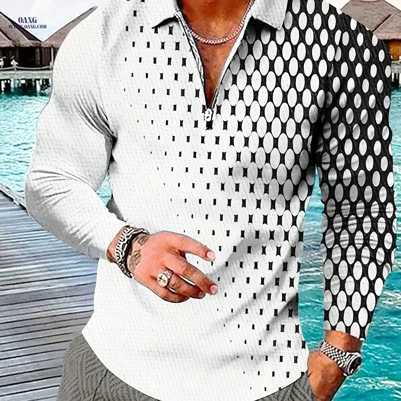 Men's Long Sleeve Zip-Up Shirt - Geometric Print, Easycare Fabric   OAXG Mixed Color / FR M