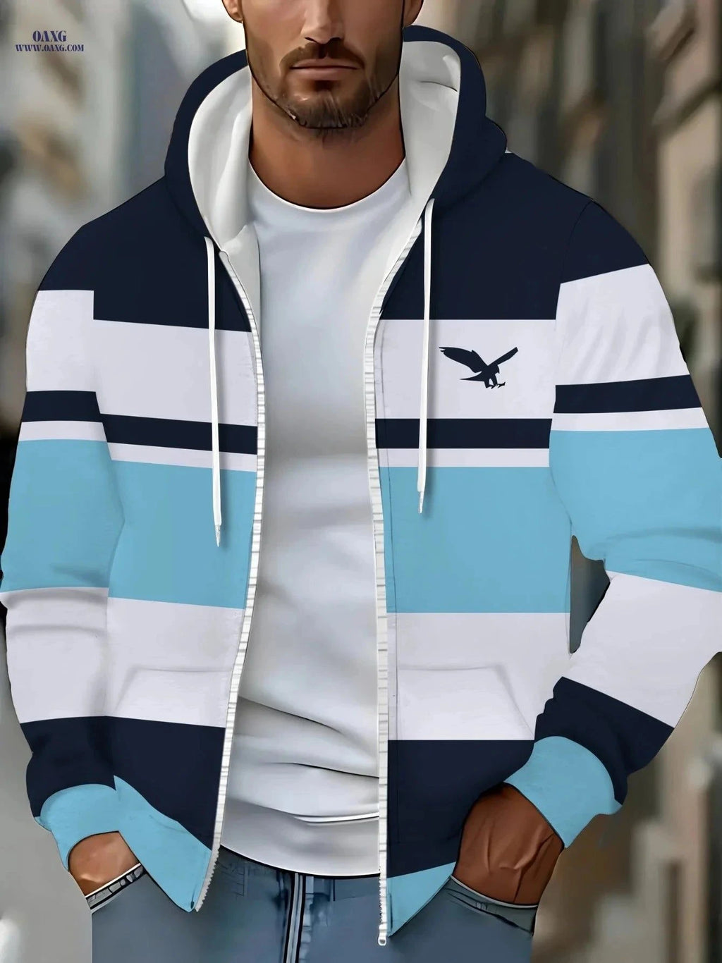 Men's Long Sleeve Zip-Up Sports Jacket - Cozy Hoodie with Eagle Design   OAXG Multicolor / FR M