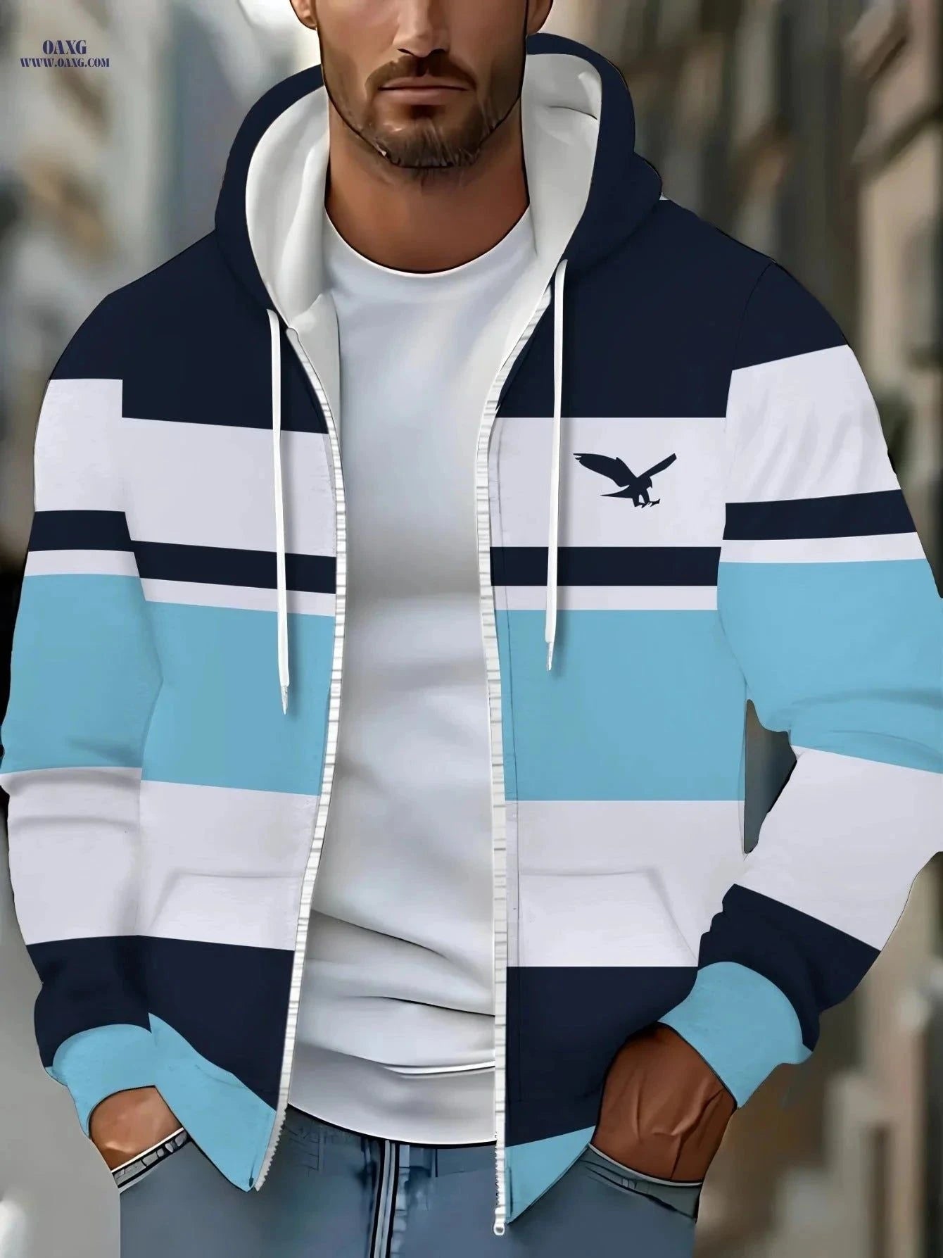 Men's Long Sleeve Zip-Up Sports Jacket - Cozy Hoodie with Eagle Design   OAXG Multicolor / FR M